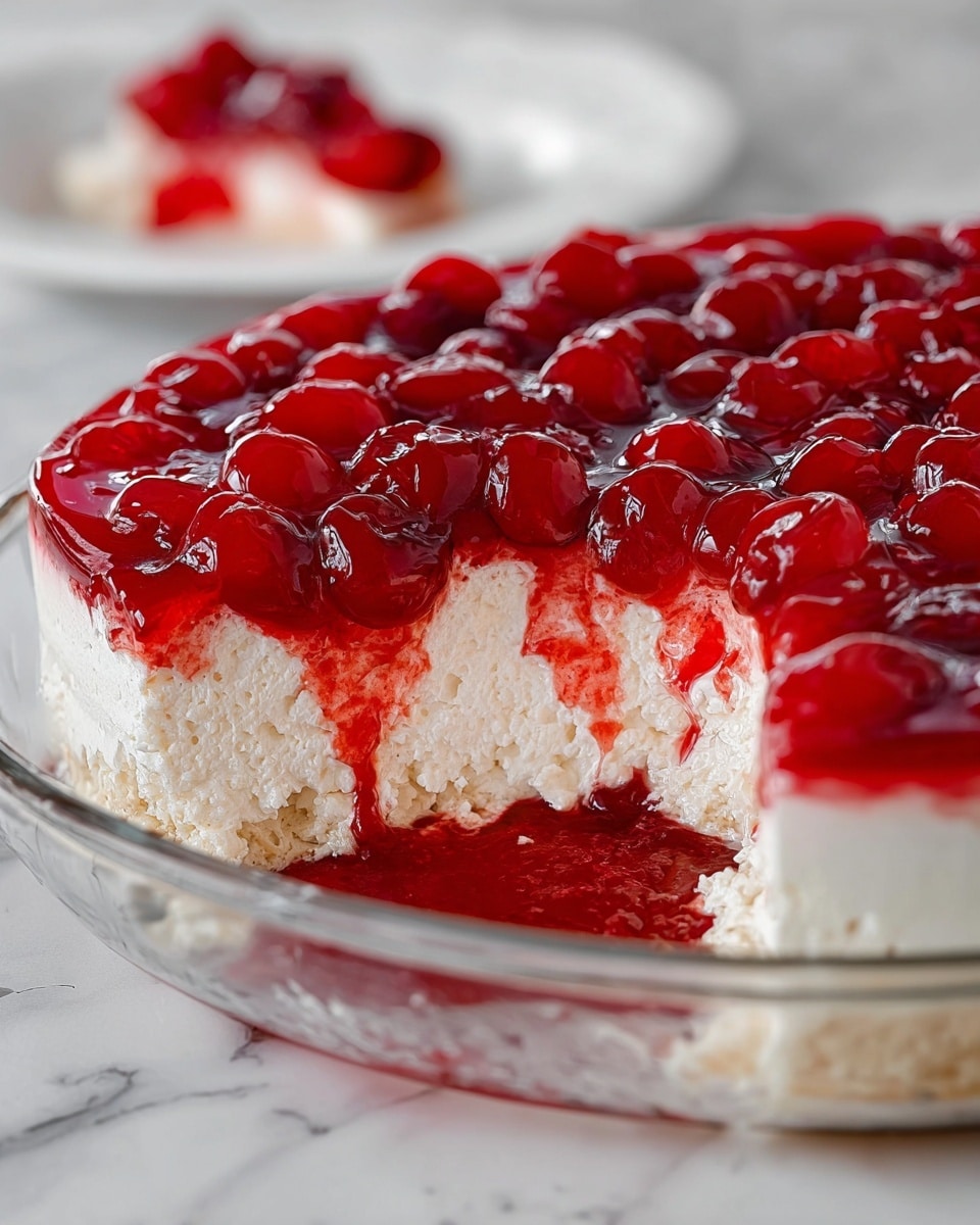 The image shows a close-up of a dessert in a clear glass dish with two visible layers: the bottom layer is thick, creamy white with a smooth and slightly textured surface, and the top layer is a bright, glossy red cherry topping with whole cherries covered in a shiny syrup that drips slightly down the sides. A portion of the dessert is missing, revealing the inside of the creamy layer and the thickness of the cherry topping. In the blurred background, there is a white plate with a small serving of the same dessert. The whole scene sits on a white marbled surface. photo taken with an iphone --ar 4:5 --v 7