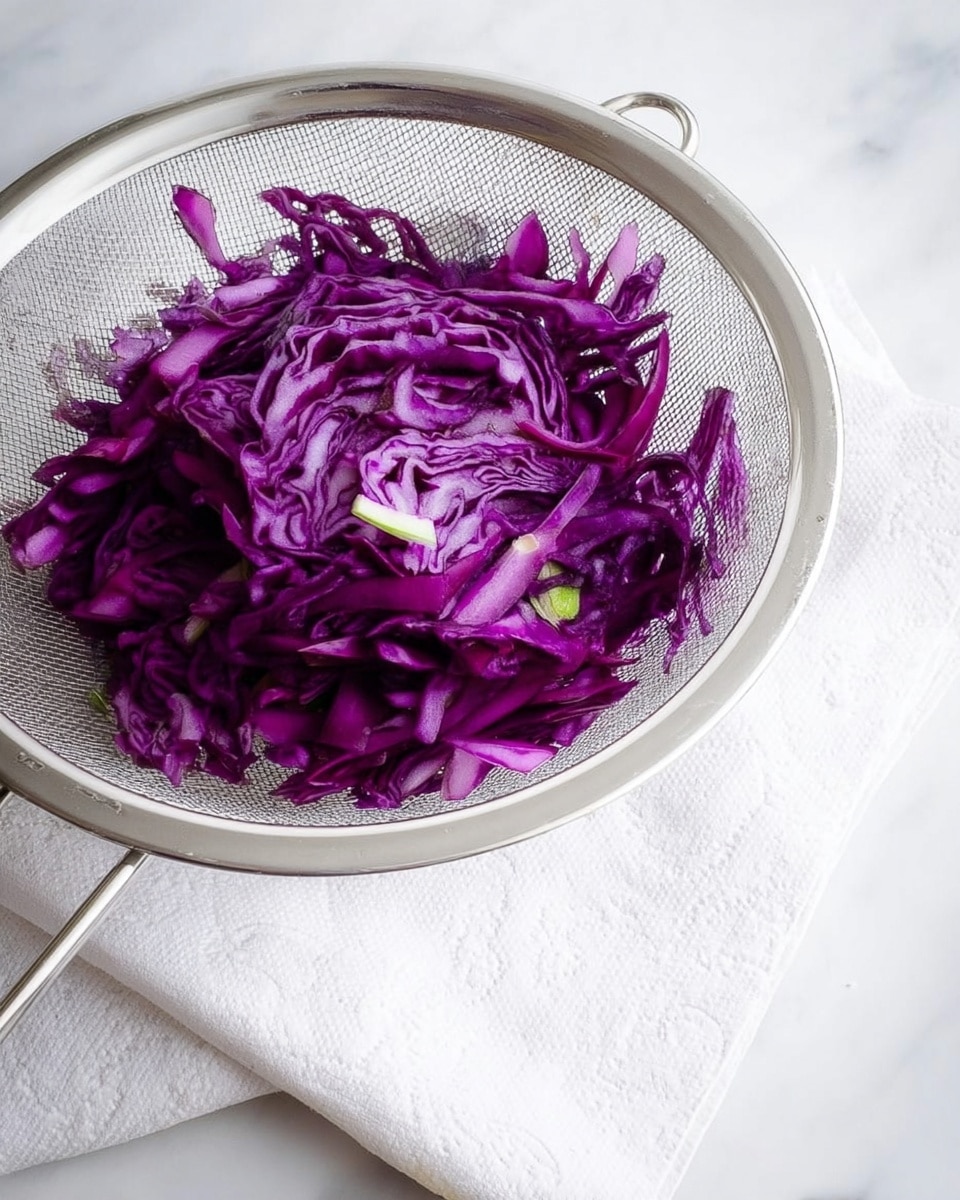 A metal mesh strainer holds a pile of thinly sliced deep purple cabbage with some pale green bits mixed in, resting on a white textured paper towel. The strainer’s fine silver mesh shows the vibrant cabbage inside clearly, and the setup is placed on a white marbled surface. photo taken with an iphone --ar 4:5 --v 7