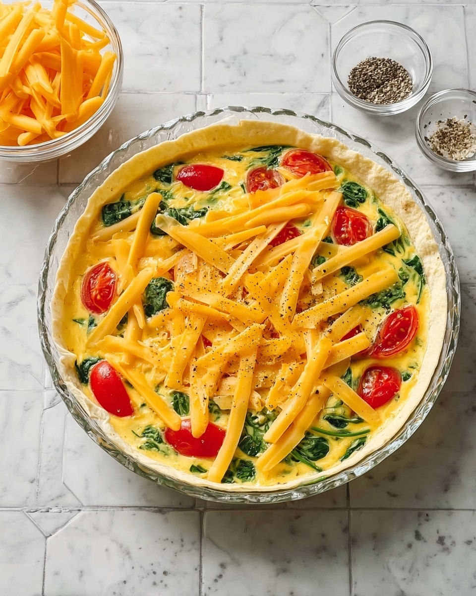 A clear glass pie dish holds a soft light beige tortilla pressed to the edges. Inside, the first layer is bright yellow beaten eggs mixed with small green spinach pieces spread evenly. Red tomato slices are nestled flat under the eggs. On top, long strips of yellow cheddar cheese are scattered throughout, with a light sprinkle of black pepper on the surface. The dish sits on a white marbled hexagon tile surface. Nearby, a small clear glass bowl holds more yellow cheese strips, and another small bowl contains coarse salt and black pepper. Photo taken with an iphone --ar 4:5 --v 7