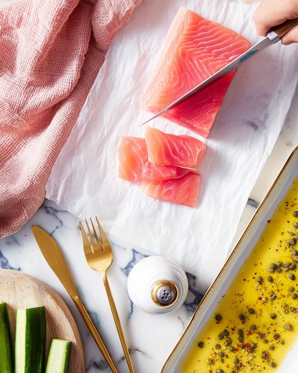 A rectangular piece of bright pink raw fish with visible white lines is placed on a piece of white parchment paper. The fish is being sliced thinly with a knife held by a woman's hand from the left side, creating several thin pink slices in front of the main piece. The scene includes a white pepper grinder near the bottom center, a golden spoon and fork crossed underneath, and a bunch of sliced green cucumber at the bottom left. To the right, there's a long white plate filled with a bright yellow sauce, sprinkled with capers and black pepper, all set on a white marbled surface with a folded pink cloth partially in the top left corner. Photo taken with an iphone --ar 4:5 --v 7
