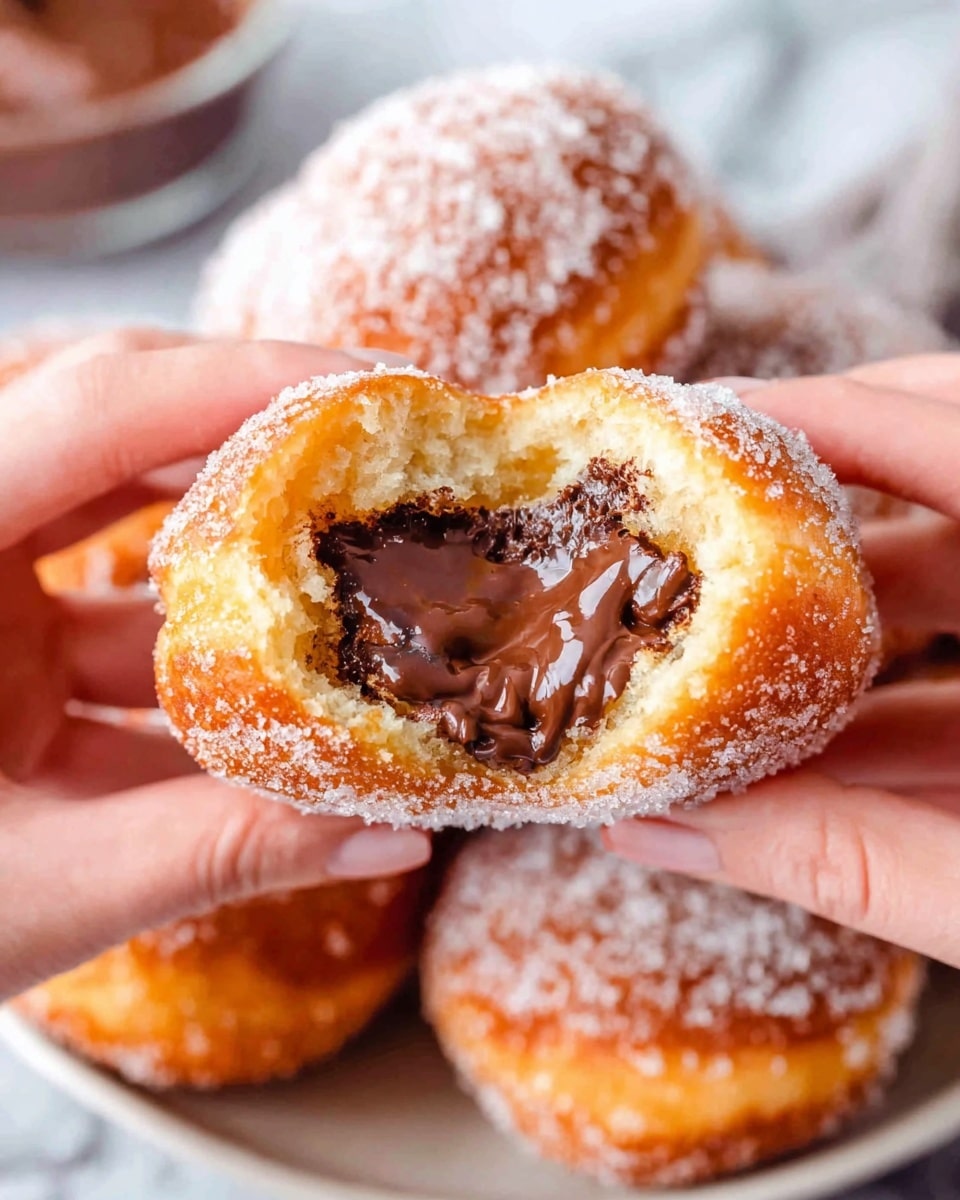 A close-up of two woman's hands holding a round doughnut torn open in the middle to show thick, dark brown chocolate filling inside. The doughnut’s outer layer is golden brown and covered in white sugar crystals, giving it a rough texture. In the blurred background, more doughnuts lie on a white plate over a white marbled surface. Photo taken with an iphone --ar 4:5 --v 7