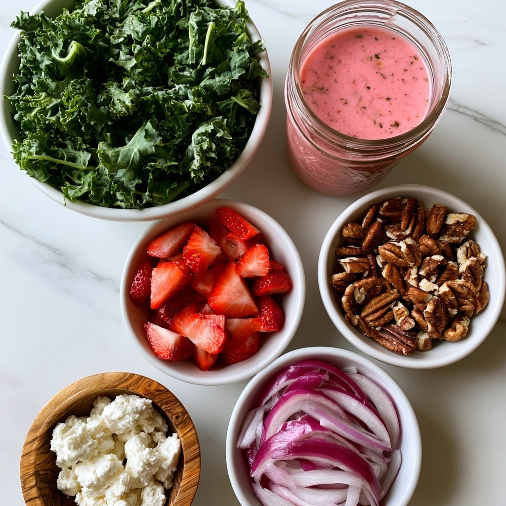 The image shows several small white bowls and a mason jar arranged on a white marbled surface, each filled with a different salad ingredient. At the top left is a white bowl full of fresh, dark green kale leaves with a crinkled texture. To the right, there is a mason jar with a pink strawberry vinaigrette dressing, smooth with small bits of herbs. Below the kale, a white bowl holds bright red strawberry pieces, cut into medium wedges. To the right of the strawberries, a white bowl contains medium brown pecan halves and pieces with a rough, ridged texture. Below the pecans, there is a white bowl with thinly sliced purple onion strips showing white inside layers. Finally, at the bottom left, a small wooden bowl holds crumbly, white goat cheese. The setup is clean and bright. Photo taken with an iphone --ar 4:5 --v 7