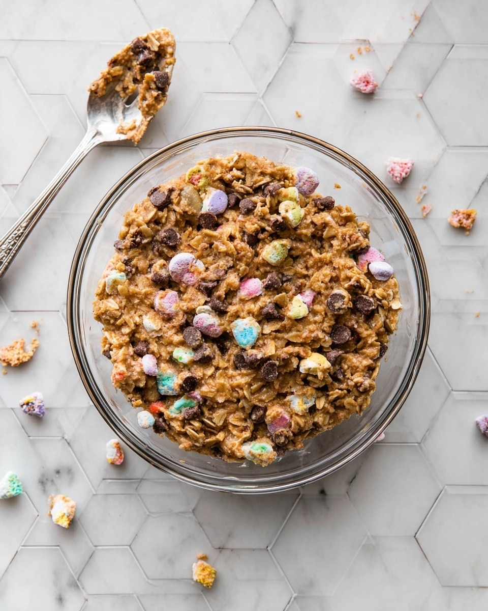 A clear glass bowl filled with a thick, chunky mixture of light brown oats combined with colorful pastel candy pieces and dark brown chocolate chips. The mixture looks sticky and dense, with uneven clusters scattered throughout. The bowl sits on a white marbled hexagon tile surface with small broken pieces of the colorful candies scattered around. A silver fork with bits of the mixture clinging to its tines lies to the left of the bowl. photo taken with an iphone --ar 4:5 --v 7
