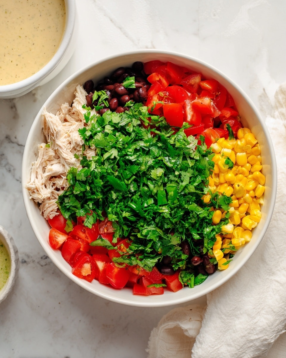 In a white bowl, there are multiple colorful layers arranged in sections: shredded light-colored chicken on the left, bright red tomato pieces below it, black beans on the upper center left, yellow corn on the upper center right, and more red tomato pieces on the right side. The entire top layer is covered generously with finely chopped fresh green cilantro. The bowl sits on a white marbled surface, and to the upper left, there is a white bowl with a creamy beige sauce. A white cloth is partially visible at the bottom right. Photo taken with an iphone --ar 4:5 --v 7