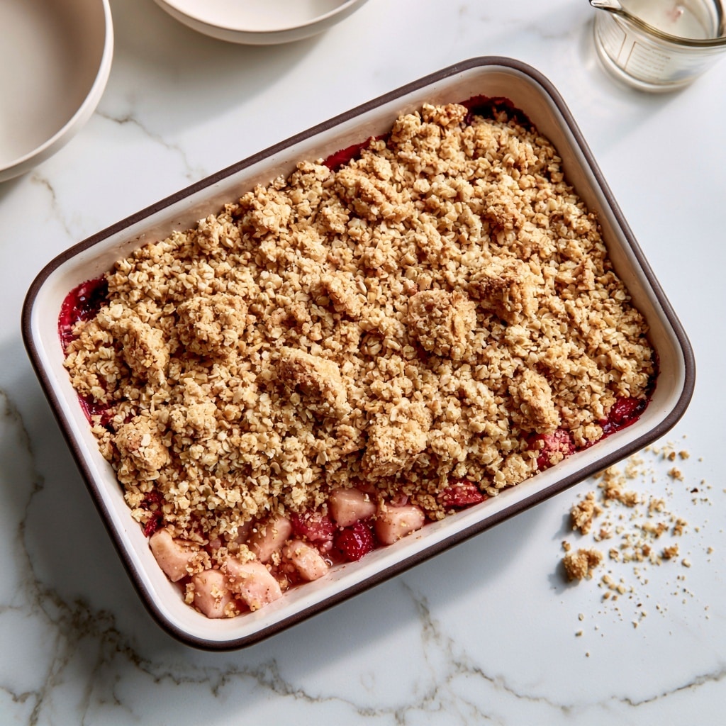 A white baking dish with dark brown edges holds a layered dessert on a white marbled surface. The bottom layer shows a mix of light pink and red fruit pieces. The top layer is a thick, crumbly golden oat mixture with rough, textured chunks covering the fruit underneath. The dish is seen from above, with some crumbs scattered on the surface next to it. In the background, there are some empty white bowls and a glass measuring cup with a small amount of liquid inside. photo taken with an iphone --ar 4:5 --v 7