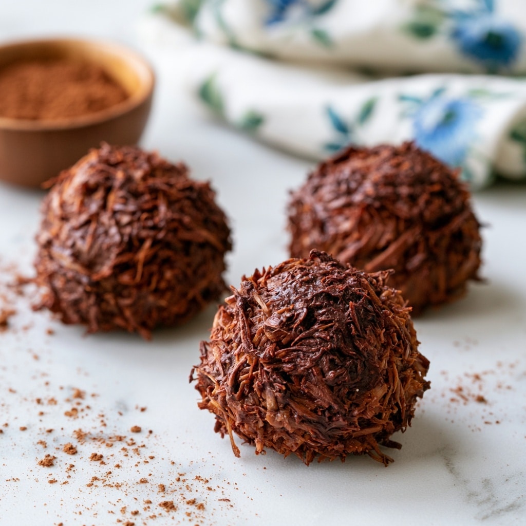 The image shows four round chocolate coconut clusters with rough, textured surfaces made up of shredded coconut coated in chocolate. One cluster is in the front on a white marbled surface, while the other three are slightly behind it near a cloth with blue and green floral patterns. In the background, there is a small wooden bowl filled with brown cocoa powder and a spoon resting next to it. The overall setting is bright, with soft natural light highlighting the glossy, uneven texture of the chocolate coconut treats. Photo taken with an iphone --ar 4:5 --v 7