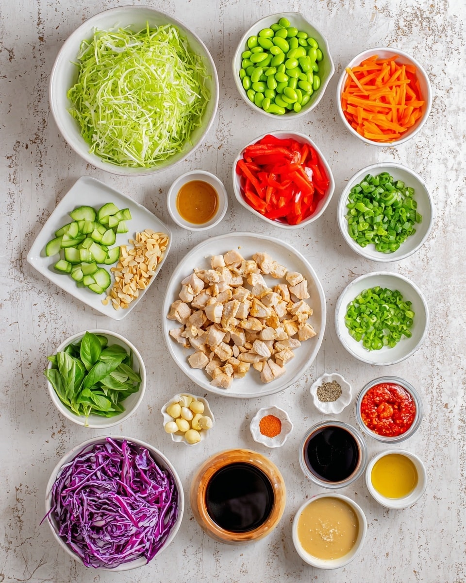 The image shows many small bowls and plates with different fresh ingredients arranged neatly on a white marbled surface. Starting from the top left corner, there is a large white bowl full of shredded green lettuce, next to a large white bowl filled with bright green edamame. Below these, smaller bowls hold orange carrot strips, chopped red bell peppers, sliced cucumbers, chopped green onions, fresh basil leaves on a small white square plate, and chopped cilantro. Sliced almonds are in a small wooden bowl. In the center, a large white plate holds diced seasoned chicken. There are also small white bowls containing minced garlic, a red sauce, ground yellow seasoning, creamy yellow sauce, a clear liquid, dark soy sauce, creamy peanut sauce, apple cider vinegar, and a bowl with salt and pepper. At the bottom, a bowl holds shredded purple cabbage. All bowls and plates are white except where noted, and everything is placed on the white marbled surface. Photo taken with an iphone --ar 4:5 --v 7