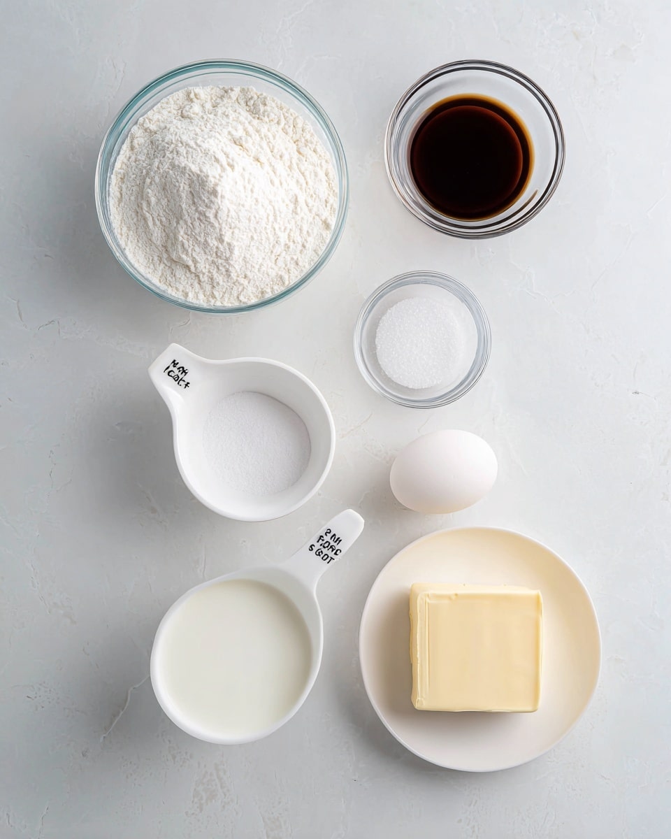 The image shows six different ingredients arranged spaced out on a white marbled surface. At the top left is a small glass bowl filled with white flour. To its right, a smaller glass bowl holds a dark brown liquid. Below the flour bowl, there is a white measuring cup marked ½ cup filled with granulated white sugar. To the right of the sugar cup, a small clear glass bowl contains a small amount of white salt. Below these ingredients, an egg with a smooth white shell lies on the surface. At the bottom right, a small white bowl holds a square piece of light yellow butter. At the bottom left, a white bowl filled with white milk is partially visible. photo taken with an iphone --ar 4:5 --v 7