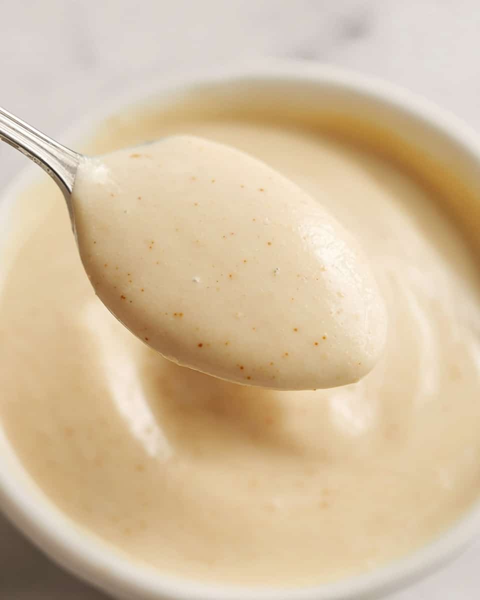 A close-up image of a spoon holding a creamy, smooth, pale beige sauce with a few small specks scattered throughout, hovering above a white bowl filled with the same thick sauce; the texture looks velvety and dense, with gentle light reflections showing its glossy surface, all set on a white marbled surface photo taken with an iphone --ar 4:5 --v 7