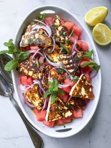 Grilled Halloumi Cheese Salad with Watermelon and Mint Recipe