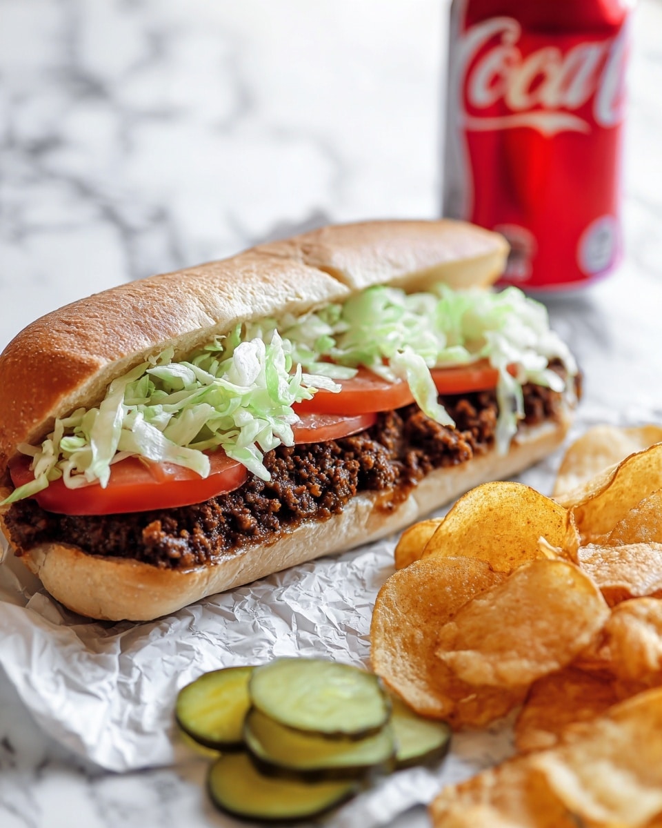 A sandwich cut in half and wrapped halfway in shiny aluminum foil shows multiple layers starting with thick slices of soft white bread on the top and bottom. Inside, there is a layer of minced cooked meat with melted cheese that looks brown and slightly glossy, followed by fresh green shredded lettuce and slices of red tomato. The sandwich halves rest on crinkled white paper on a white marbled surface with a pile of golden brown potato chips beside them. In the blurry background, a red can is visible. Photo taken with an iphone --ar 4:5 --v 7