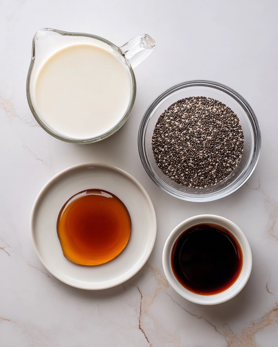 The image shows four clear containers on a white marbled surface, each filled with a different ingredient. The largest container is a clear glass measuring cup filled with white milk, located at the top left. To its right is a medium-sized clear glass bowl filled with small black and white chia seeds, showing a rough texture. Below the milk, there is a small white plate holding dark amber maple syrup with a smooth surface and glossy shine. Next to that at the bottom right is a small white bowl filled with dark brown vanilla extract, also glossy and smooth. Each ingredient is neatly placed separately with clear labels visible over them. Photo taken with an iphone --ar 4:5 --v 7