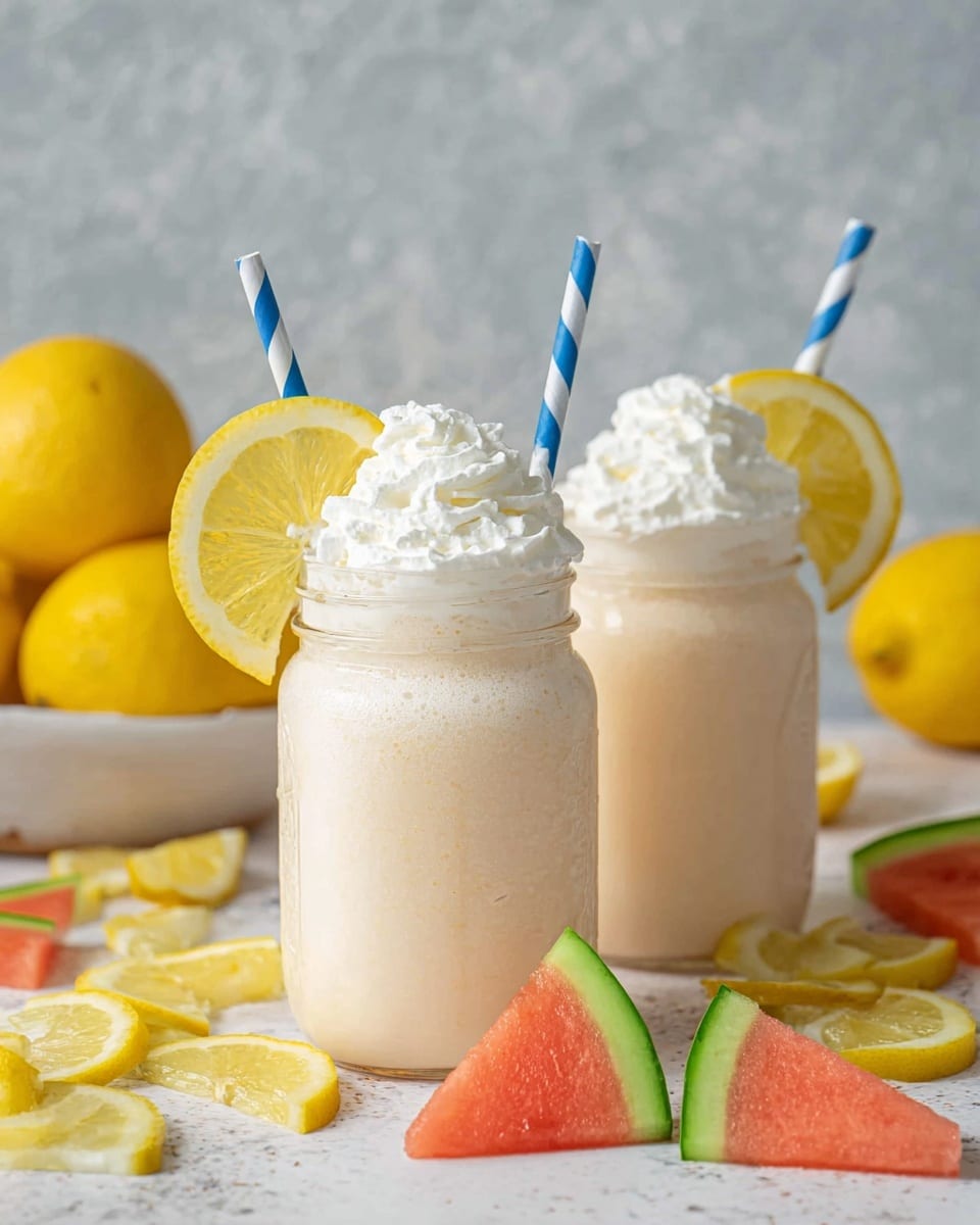 A clear glass jar filled with a light pink creamy drink topped with a thick layer of white whipped cream. A wedge of watermelon with bright red flesh and green rind stands on the whipped cream on one side, while a bright yellow lemon slice is placed on the jar's rim in front. A blue and white striped paper straw is inserted into the whipped cream. The jar is set on a white marbled surface surrounded by fresh lemons and slices of watermelon with vibrant red and green colors. Photo taken with an iphone --ar 4:5 --v 7