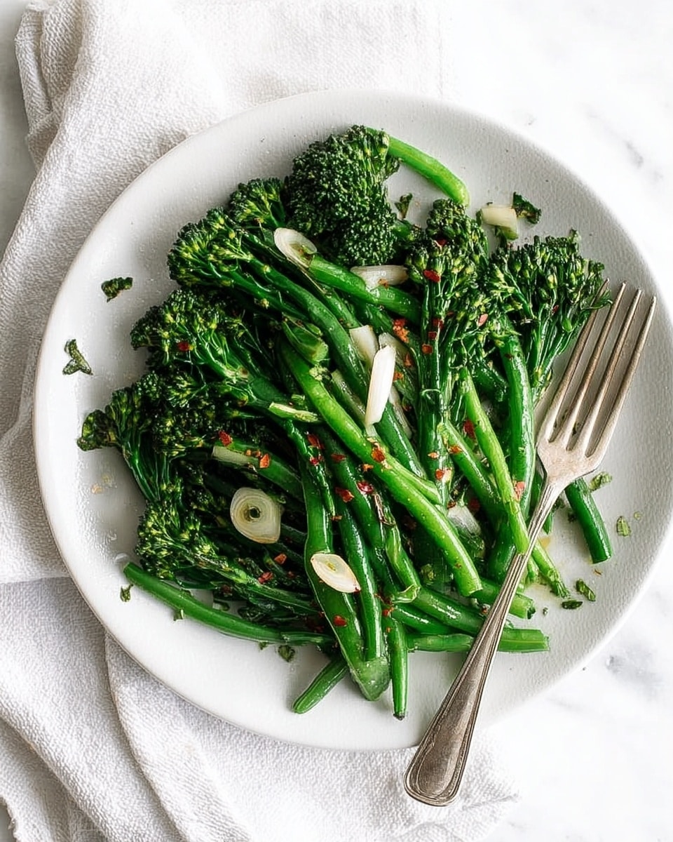 A white plate holds a simple dish of green vegetables, showing two layers: a bottom layer of long green beans and a top layer of dark green broccolini with small florets, both having a fresh and slightly glossy texture. Thin sliced white garlic pieces are scattered on top along with red chili flakes, adding small spots of color. The plate sits on a white marbled surface with a white cloth placed under the left side. A silver fork rests on the right edge of the plate. Photo taken with an iphone --ar 4:5 --v 7