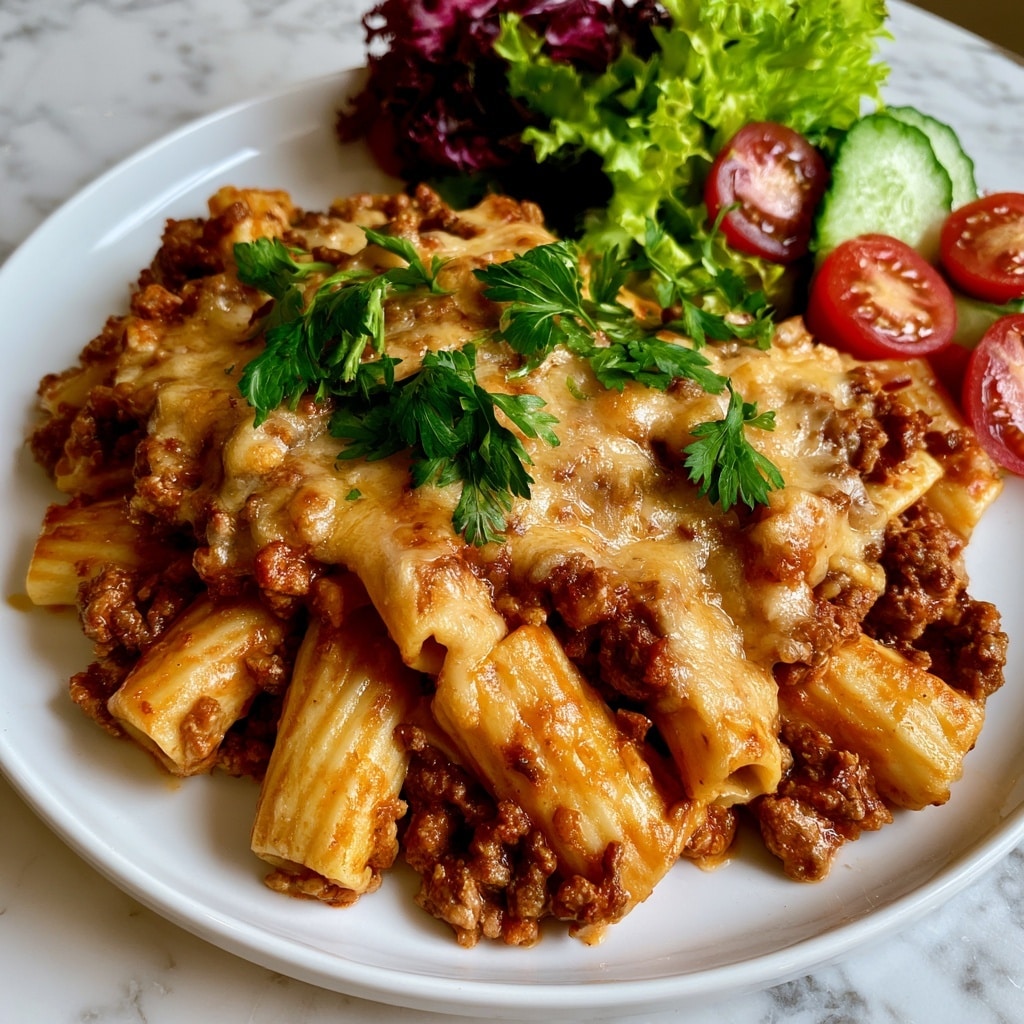 The dish is served on a white plate sitting on a white marbled surface. It has a thick layer of rigatoni pasta mixed with a reddish-brown meat sauce made of small crumbled pieces, topped with melted light brown cheese. There are fresh green parsley leaves scattered on top. To the side of the main dish, there is a small salad with bright green and dark purple lettuce leaves, slices of cucumber, and halved cherry tomatoes with a red color. The food looks warm and hearty, and the colors contrast well with the white plate and background. Photo taken with an iphone --ar 4:5 --v 7