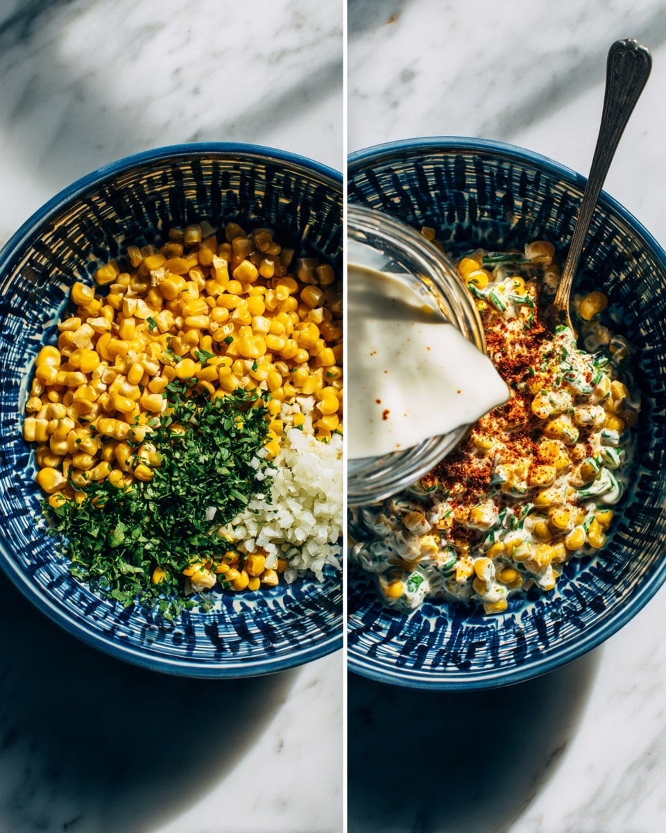 The image shows two side-by-side views of a blue patterned bowl sitting on a white marbled surface. The left side shows the bowl filled with yellow corn kernels, chopped green herbs, and a small pile of white minced garlic. A clear container is pouring a thick white sauce over the top, partially covering the ingredients. On the right side, the same bowl holds a mixed creamy salad where the corn, herbs, and sauce are fully combined, with small specks of reddish-brown spice sprinkled on top. A spoon is partially visible in the bowl’s edge. The lighting creates soft shadows, highlighting the textures and colors of the dish. photo taken with an iphone --ar 4:5 --v 7