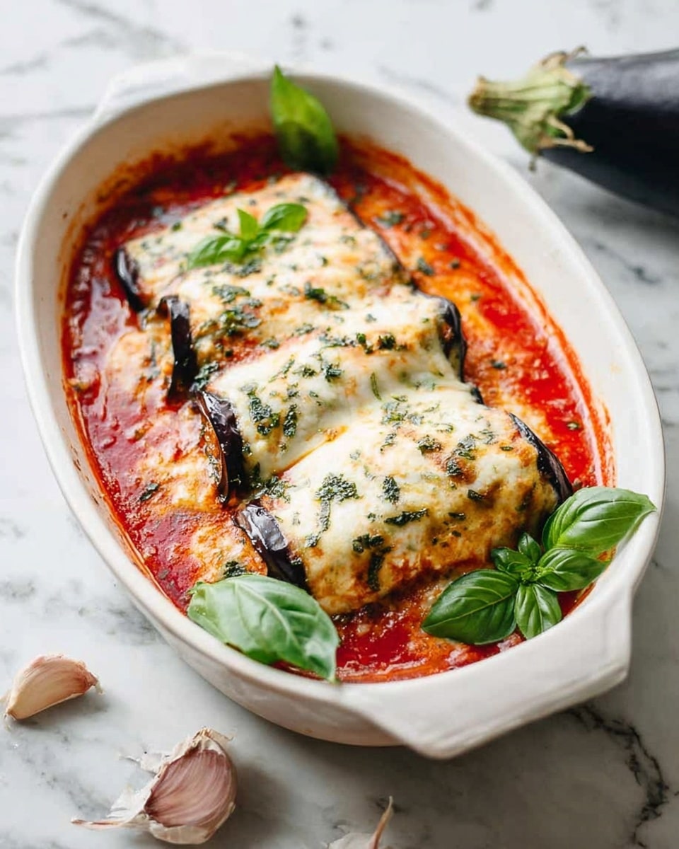 The dish shows two rolled layers of dark purple eggplant slices filled with a soft white and light orange mixture, placed in the middle of a white oval baking dish. These rolls are covered with a melted white cheese layer that has light brown spots and is sprinkled with green herbs. The eggplant rolls sit on a rich, red tomato sauce base that fills the dish and is slightly bubbled at the edges. Fresh green basil leaves are placed on top and around the rolls for decoration. The white oval baking dish is set on a white marbled surface with garlic cloves and a full eggplant partially visible near it. Photo taken with an iphone --ar 4:5 --v 7