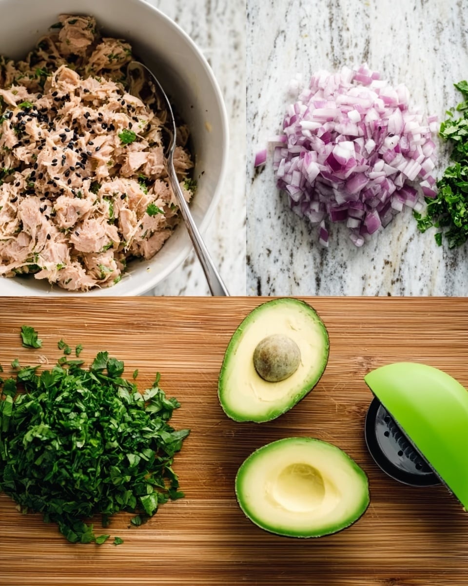 The image shows three side-by-side scenes. The first scene has a white bowl filled with shredded light brown tuna, a silver fork resting inside the bowl, and black sesame seeds sprinkled on top. The second scene features a wooden cutting board with two piles of chopped vegetables—a small pile of finely chopped purple-red onions on the top and a larger pile of chopped green leafy herbs below. The third scene shows a wooden surface holding two halves of a bright green avocado, one with a hole in the center where the seed was taken out, alongside a green and black avocado slicer tool. The background in all scenes has been changed to a white marbled texture. Photo taken with an iphone --ar 4:5 --v 7
