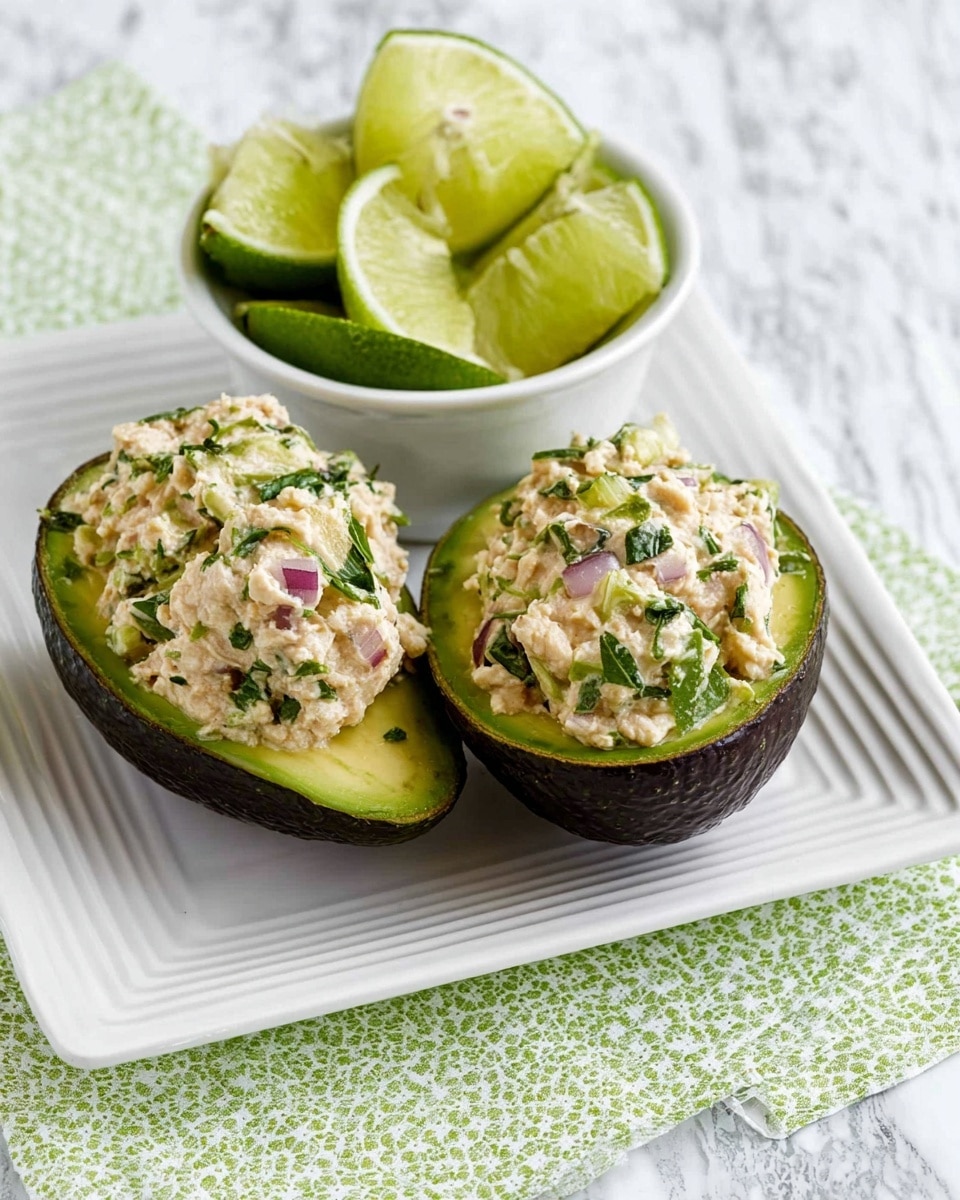 Two dark green avocado halves are filled with a creamy, light beige mixture that has bits of green herbs and small pieces of red onion scattered throughout. The avocado skins provide a dark textured border to the filling that mounds slightly above the edge. Behind them, a small white bowl holds four bright green lime wedges, arranged to show their juicy, pale green inner flesh. All items sit on a white square plate with ridged edges, placed on a white marbled surface with a light green dotted cloth underneath. The photo taken with an iphone --ar 4:5 --v 7