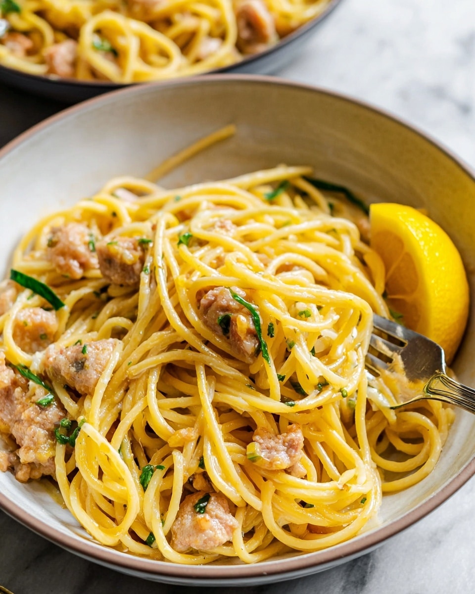 A close-up view of a white bowl filled with long yellow spaghetti noodles mixed with light brown cooked pieces of meat, small green herb bits scattered throughout, and a wedge of lemon with bright yellow skin on the side. A metal fork twists some noodles near the right side of the bowl. The scene is set on a white marbled surface with a second bowl of similar noodles blurred in the background. Photo taken with an iphone --ar 4:5 --v 7