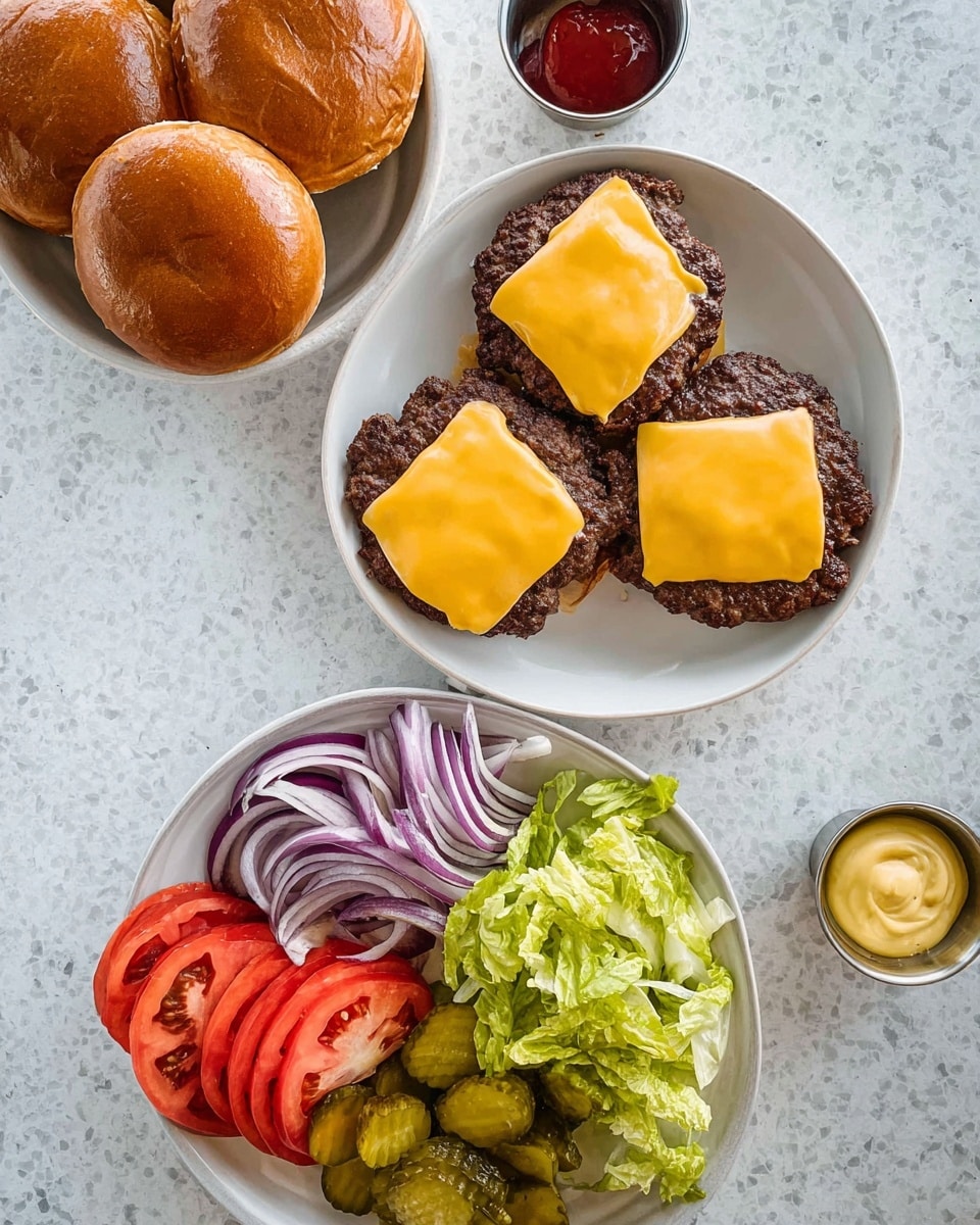 The image shows three white bowls on a white marbled surface. The top bowl holds four shiny brown burger buns stacked closely. The middle bowl contains eight dark brown cooked burger patties, with four of them topped with yellow melted cheese slices that softly cover the patties. The bottom bowl is filled with fresh sliced vegetables arranged in neat horizontal layers: red tomato slices on the left, purple onion rings next, followed by green leafy lettuce, and bright green pickles on the right. There are also small metal containers with red ketchup and yellow mustard visible near the bowls. photo taken with an iphone --ar 4:5 --v 7