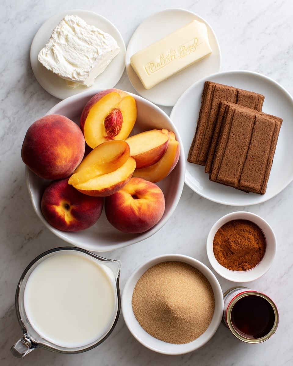 The image shows a top view of several ingredients arranged on a white marbled surface. There are whole and halved peaches with bright orange and red skin placed in a white round bowl at the center. To the top left is a small white plate holding a block of white cream cheese with a smooth texture. Next to it is a small piece of pale yellow butter with red lettering. To the right, there is a white round plate stacked with dark brown rectangular Biscoff cookies. Near the cookies is a small white bowl with a heap of ground cinnamon, showing a rich reddish-brown color. Below are two small white bowls, one filled with medium brown sugar that looks soft and crumbly and the other with a dark brown vanilla liquid. A clear glass measuring cup with heavy cream is placed toward the bottom left, showing thick white liquid. Finally, a red and white can of sweetened condensed milk is positioned at the bottom right, angled slightly. photo taken with an iphone --ar 4:5 --v 7