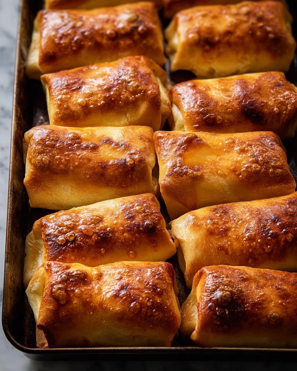The image shows many golden-brown rolls with a shiny, crispy outer layer. Each roll has small bubbles and darker browned spots on the surface, indicating a well-cooked crust. They are arranged close together on a large cooking tray with a darker texture that contrasts the rolls' warm colors. The rolls are rectangular and vary slightly in shape, with folded edges visible. The background is a white marbled texture. photo taken with an iphone --ar 4:5 --v 7