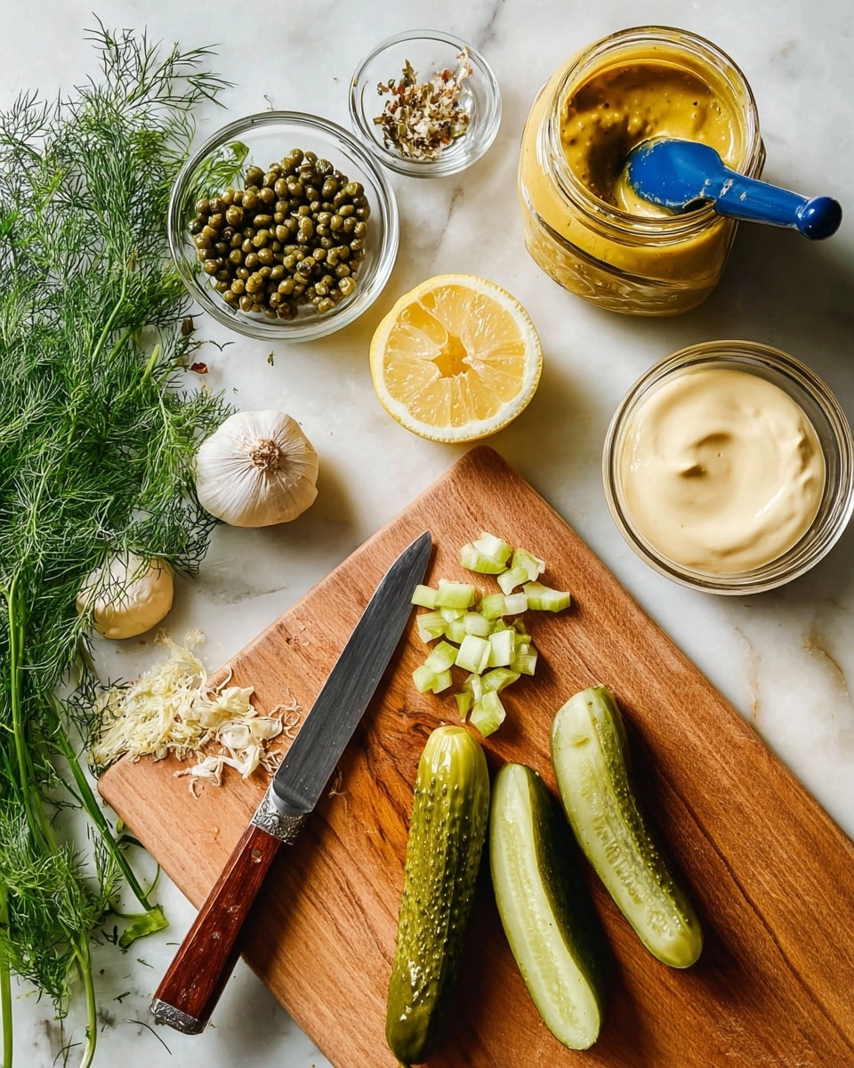 The image shows a wooden cutting board with a knife featuring a brown handle near the bottom right. On the board are three green pickles, one sliced into small pieces arranged in a scattered pile beside the knife. Above the cutting board, on a white marbled surface, there are fresh green dill sprigs on the left side. Close to the center, a garlic bulb is partially visible next to a lemon, which is cut in half showing bright yellow flesh and peel. Near the top left, a small clear glass bowl holds green capers, and next to it is an open jar filled with a thick mustard yellow sauce with a blue measuring spoon inside. To the right, another clear glass bowl contains a creamy white sauce. The whole scene is well-lit with natural light. photo taken with an iphone --ar 4:5 --v 7