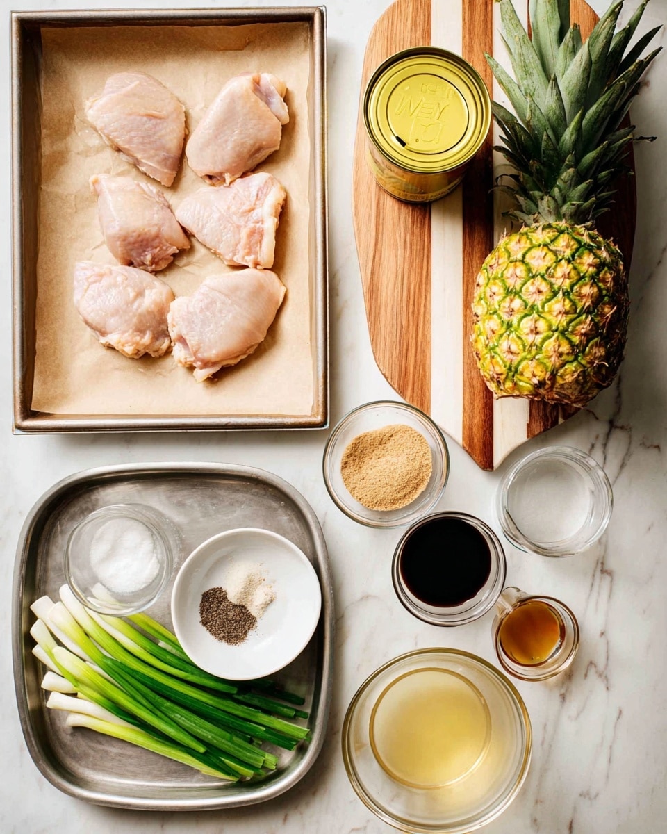 The image shows cooking ingredients neatly arranged on a white marbled surface; at the bottom left, there are four pieces of raw light pink chicken placed on a baking tray lined with brown paper, above it a whole green pineapple next to a can with bright yellow pineapple rings. To the right of the pineapple, a clear glass bowl sits on a wooden cutting board with light and dark brown stripes. Below, a metal tray holds fresh long green onions overlapping a white bowl with light brown brown sugar, a small white plate with a half circle of black pepper and white powder, a small white bowl with dark brown liquid, a gold measuring cup filled with light brown liquid, and a glass cup containing pale yellow liquid. The photo taken with an iphone --ar 4:5 --v 7
