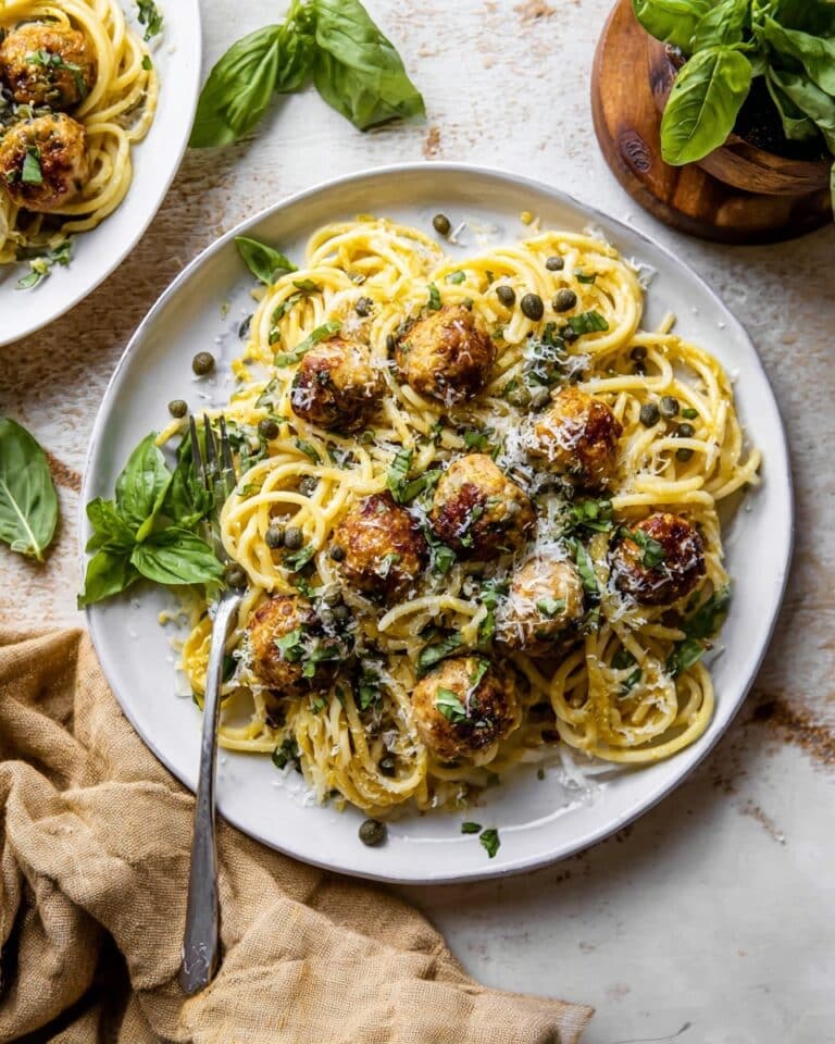 Zucchini Parmesan Chicken Meatballs with Lemon Pasta Carbonara Recipe