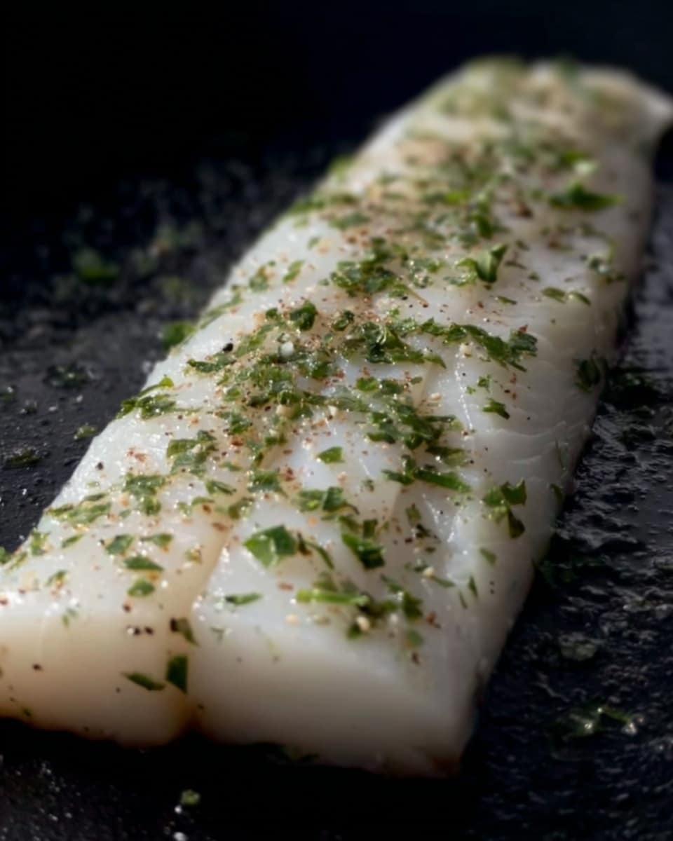 This image shows a single long piece of white fish fillet lying flat on a dark surface. The fish is lightly sprinkled with small green herb pieces spread evenly across the top, adding a fresh touch of color. The texture of the fish looks moist and tender, with a slight sheen that reflects the light. The edges are smooth, tapering slightly towards the end farthest from view. The dark surface underneath contrasts with the pale color of the fish, making the details of the fillet stand out clearly. Photo taken with an iphone --ar 4:5 --v 7