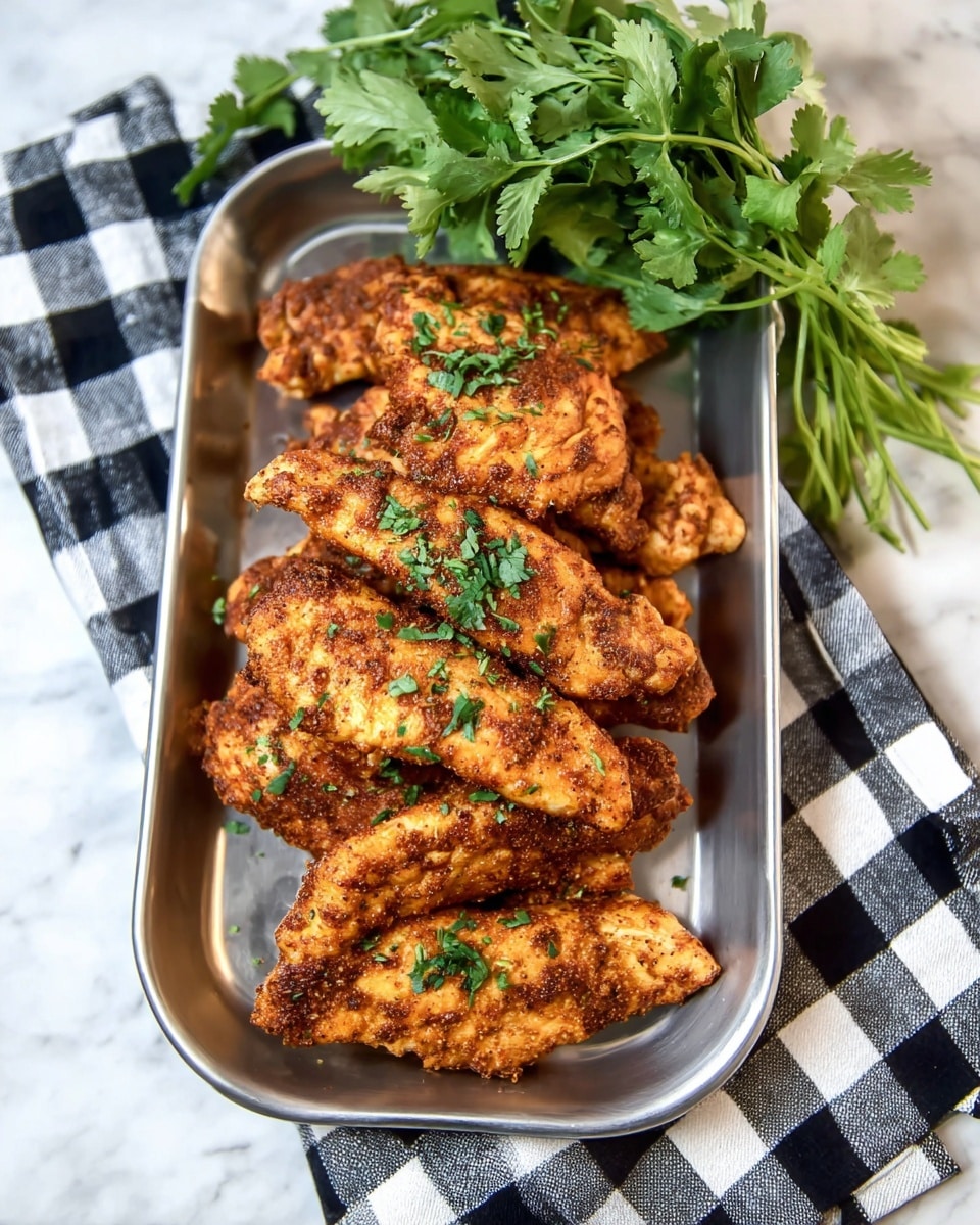 A metal white tray holds two layers of cooked chicken strips that are golden brown with a spicy reddish-brown coating, showing a slightly rough texture. The chicken strips are stacked unevenly in two layers, with some pieces overlapping at the edges. Small bright green chopped herbs are sprinkled all over the chicken, adding a fresh contrast. To the upper right of the tray, there is a bunch of fresh green cilantro with leafy stems, resting on a black and white checkered cloth. The tray and cloth sit on a white marbled surface photo taken with an iphone --ar 4:5 --v 7