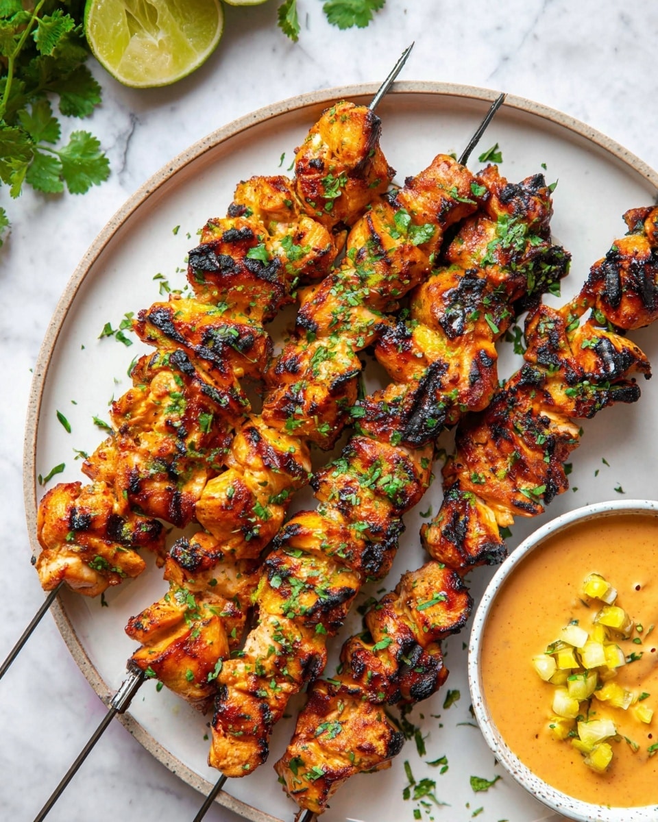 The image shows five metal skewers lying on a round white plate filled with grilled chicken pieces. Each skewer holds layers of golden-brown chicken with charred black grill marks scattered throughout, adding texture and depth. The chicken pieces are cut into uneven chunky bites, with some pieces looking juicier and others slightly crispier at the edges. Bright green chopped herbs are sprinkled on top, adding a fresh contrast to the warm tones of the chicken. On the bottom right corner of the plate, a white bowl contains a creamy orange sauce topped with small green herb pieces and tiny yellow chunks that could be pineapple. In the upper left corner, part of a lime and fresh green herbs rest on a white marbled surface. photo taken with an iphone --ar 4:5 --v 7