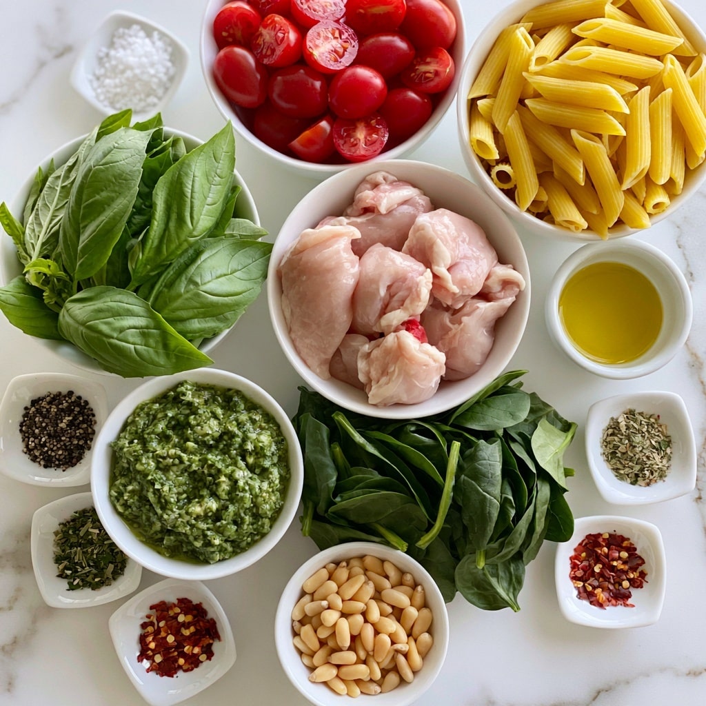 The image shows several white bowls placed on a white marbled surface, each bowl containing different fresh ingredients. At the top right, a bowl filled with yellow penne pasta sits next to a bowl of red cherry tomatoes cut in half. Below the pasta, there is a bowl of raw chicken pieces with a pale pink color. To the left of the chicken, bright green basil leaves fill a bowl. Below the basil, a bowl of green pesto sauce is next to a bowl full of dark green spinach leaves. At the bottom center, a small bowl contains light tan pine nuts. Scattered around these main bowls are small white dishes holding various seasonings: one with coarse white salt, one with black pepper, one with Italian seasoning herbs, and one with red pepper flakes. There is also a small white bowl filled with yellow olive oil. The arrangement is clean and organized, emphasizing the fresh and colorful ingredients. Photo taken with an iphone --ar 4:5 --v 7