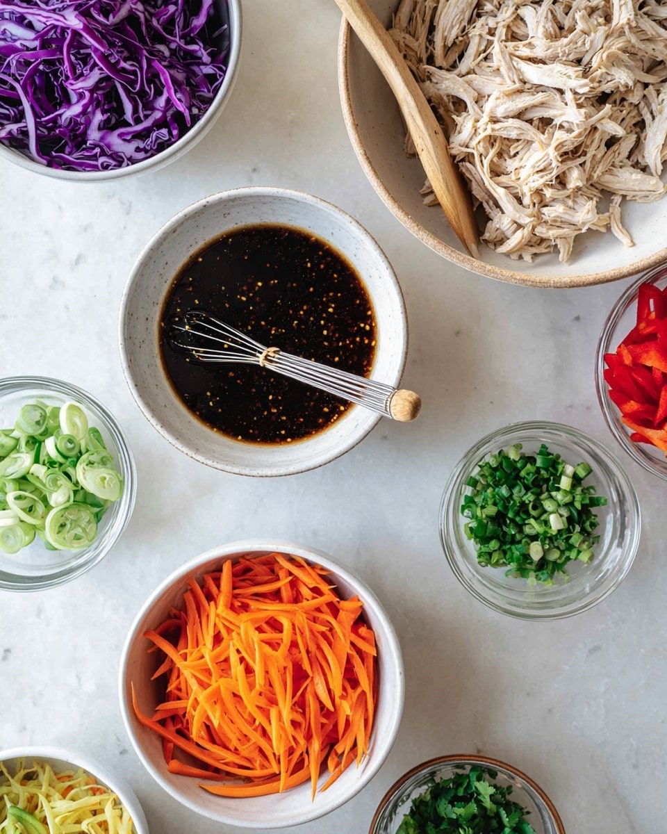 The image shows several white bowls arranged on a white marbled surface. One bowl has shredded light beige chicken, another holds thin slices of vibrant purple cabbage, and a third bowl contains thin strips of bright red bell pepper. There is a larger white bowl filled with fine dark brown sauce with a whisk resting inside it, the whisk has a wooden handle. Around these bowls, there are smaller clear and white bowls with shredded orange carrots, chopped green herbs, and chopped green onions. The arrangement is neat, with a focus on the fresh, colorful ingredients. Photo taken with an iphone --ar 4:5 --v 7
