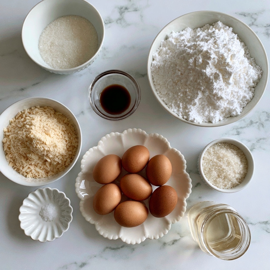 The image shows eight bowls and plates of ingredients for French macarons arranged neatly on a white marbled surface. In the center, a scalloped white plate holds seven brown eggs representing egg whites. To its left, a white bowl filled with light beige almond flour is next to a smaller scalloped white dish with salt. Above the eggs, a small clear glass bowl contains dark vanilla extract. To the right, a large white bowl is heaped with bright white powdered sugar. Below that, a small white bowl holds granulated sugar. At the bottom right, a clear glass jar contains light corn syrup. Finally, a white bowl with superfine sugar is at the top left. Each bowl and plate is clean with smooth textures, and the arrangement is evenly spaced. photo taken with an iphone --ar 4:5 --v 7