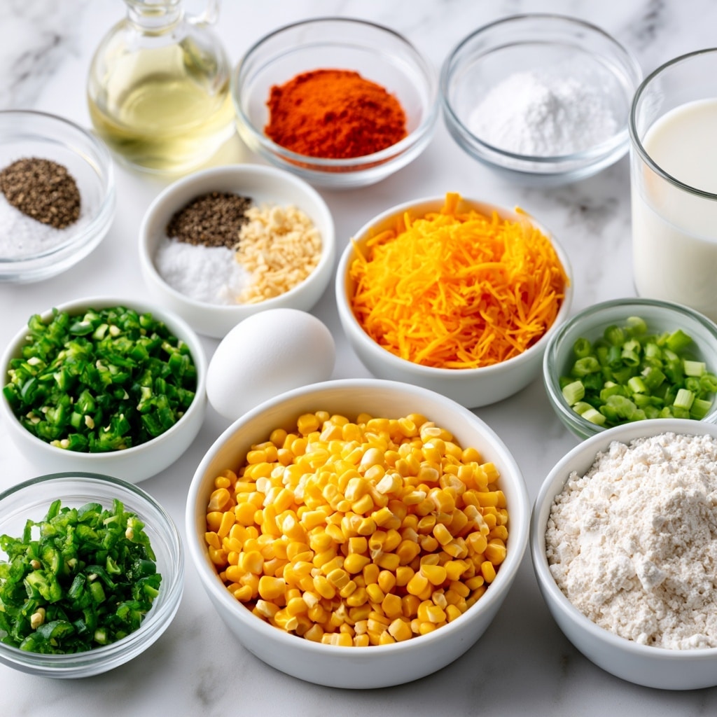 The image shows several small white bowls and clear glass containers with different ingredients neatly arranged on a white marbled surface. At the center, there is a large white bowl filled with bright yellow corn kernels. Around it are white bowls containing chopped green jalapeños, shredded orange cheddar cheese, a whole white egg, and chopped green onions. Clear bowls hold red paprika powder, white baking powder, black pepper, garlic powder, salt, and a pale yellow oil in a small clear jug. There is also a clear glass filled with white milk and a white bowl with white all-purpose flour. A small white cup contains lime juice. Each bowl is filled with vibrant and fresh ingredients, all positioned to clearly show their colors and textures. Photo taken with an iphone --ar 4:5 --v 7