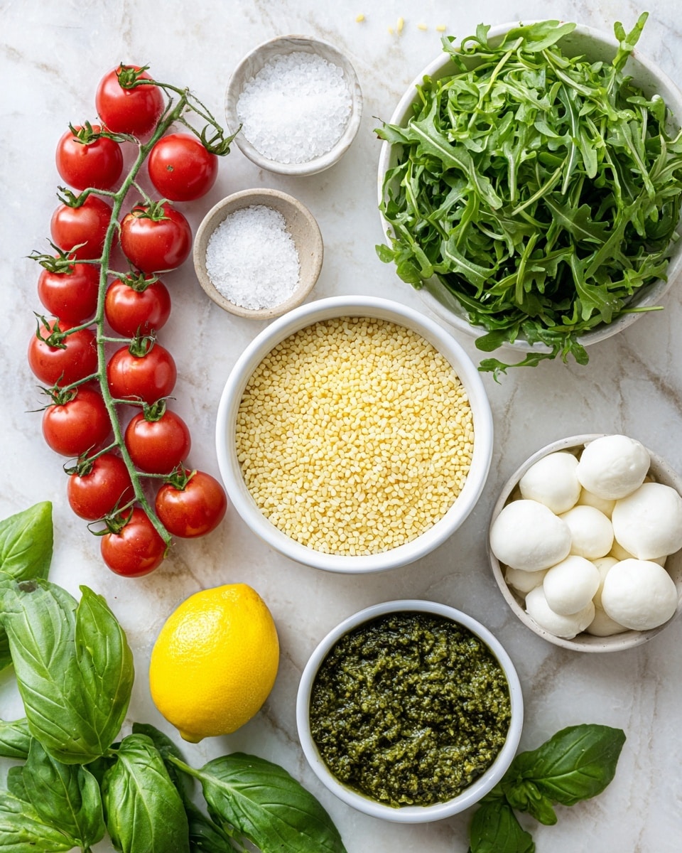 A top-down view of a white bowl filled with small yellow rice grains in the center, surrounded by a white bowl on the top right filled with fresh dark green arugula leaves, a small white bowl with white salt on the left, and a cluster of vibrant red cherry tomatoes with green stems on the left side of the image. Below the rice bowl, there is a whole bright yellow lemon on the white marbled surface, next to a bowl filled with small white mozzarella balls on the right and a bowl filled with green pesto sauce below the lemon. Fresh bright green basil leaves are scattered on the left side and lower part of the frame. The background is a white marbled texture photo taken with an iphone --ar 4:5 --v 7