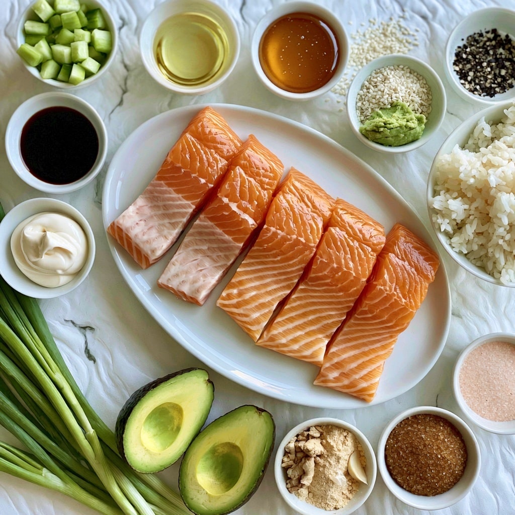 A top view of raw salmon fillets arranged in a row on a white oval plate at the center, with bright orange and pinkish color showing the fish texture. Around the plate, small white bowls hold various ingredients: chopped green cucumber pieces, dark brown soy sauce, light golden oil, golden brown honey, white sesame seeds, green wasabi paste, white mayonnaise, black pepper flakes, cooked white rice, light brown ground ginger, light beige garlic powder, brown sugar, and light pink salt. Two avocado halves with green skin and yellow-green flesh sit near the bottom left, and fresh green onion bunches stretch from the bottom left corner over a white marbled textured surface photo taken with an iphone --ar 4:5 --v 7