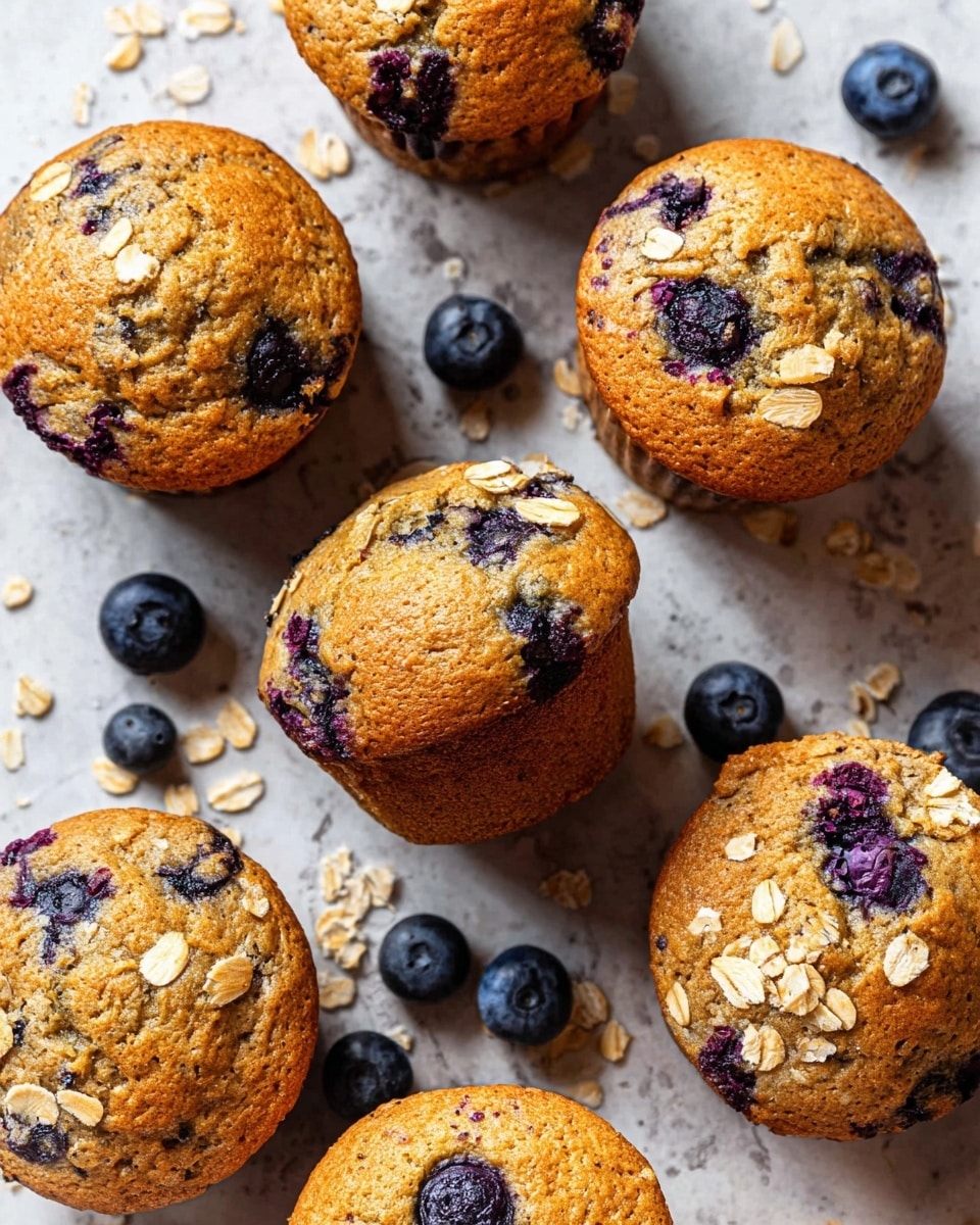Several golden brown blueberry muffins with a bumpy, slightly cracked top surface are shown scattered on a white marbled texture. Each muffin has visible dark blue and purple blueberry spots inside and on the surface, with a soft and fluffy texture. Around the muffins, dark blue whole blueberries and a few light beige oat flakes are sprinkled on the white marbled background photo taken with an iphone --ar 4:5 --v 7