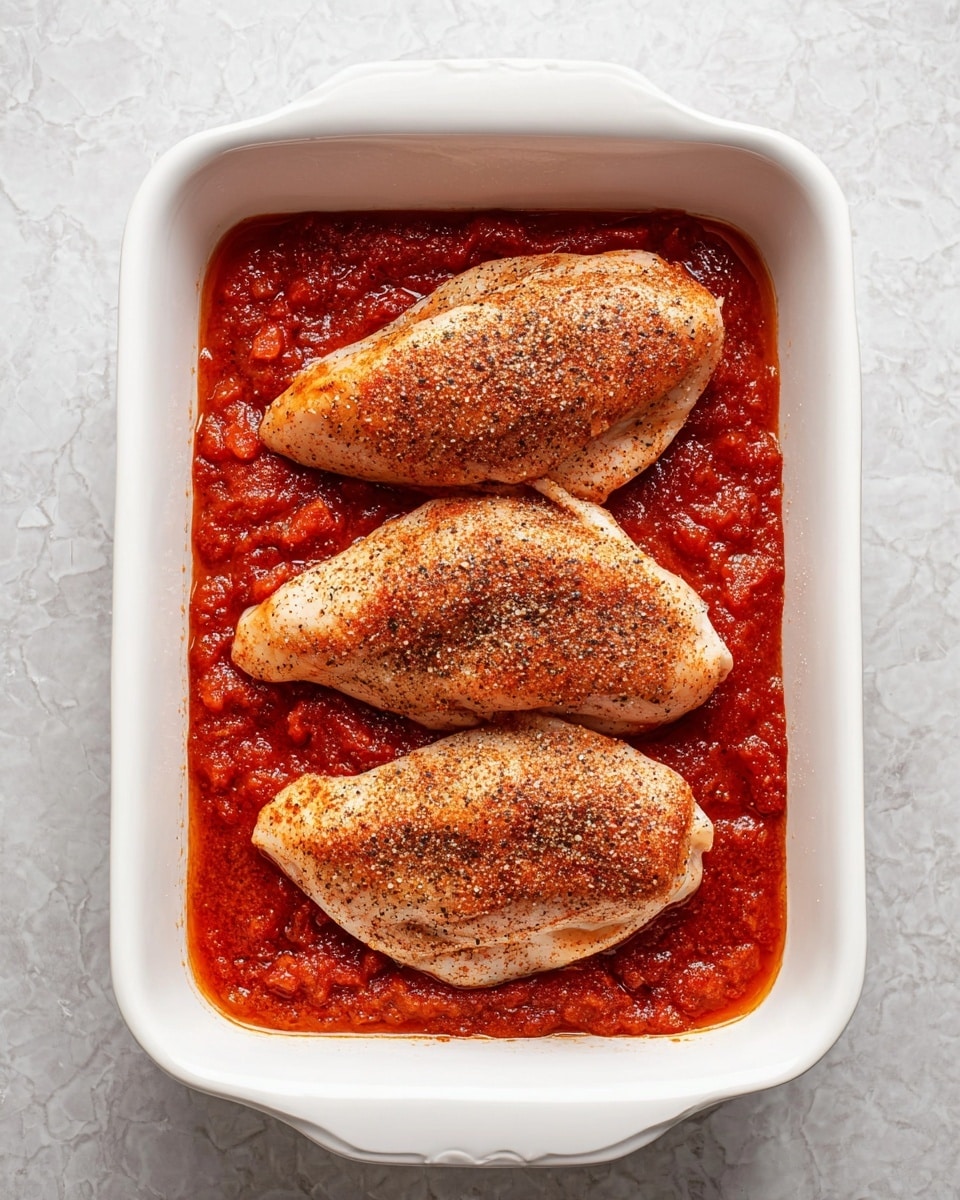 A white rectangular dish holds three large chicken breasts placed side by side, each seasoned evenly with a reddish-brown spice mix. The chicken rests on a thick layer of chunky red tomato sauce that fills the bottom of the dish, with bits of tomato visible in the sauce texture. The dish is set on a white marbled surface, enhancing the warm colors of the chicken and sauce. photo taken with an iphone --ar 4:5 --v 7