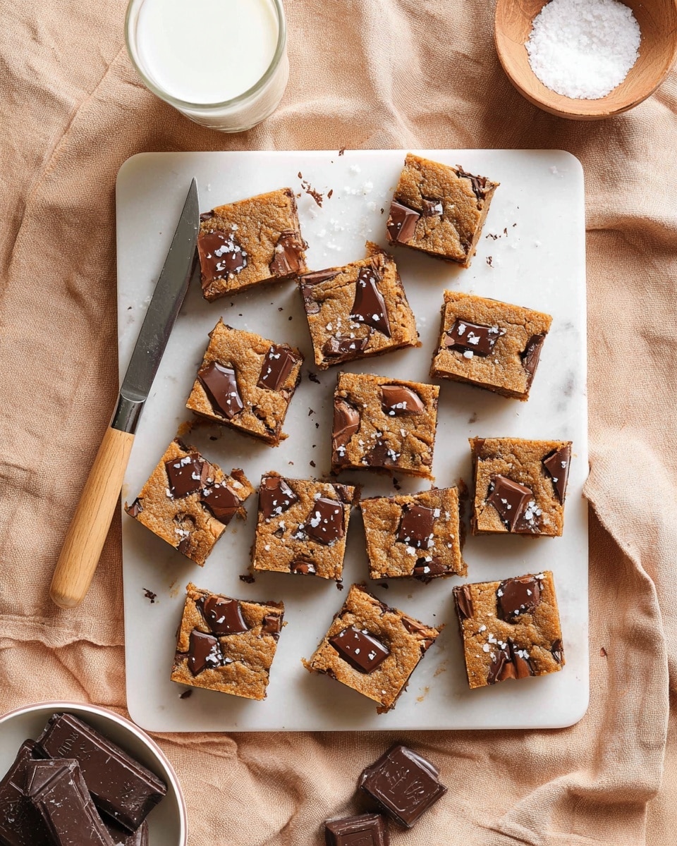 A square baked cookie bar with a light brown dough base fills a white square baking pan lined with white parchment paper. The top layer has unevenly spread chunks of milk chocolate pieces scattered over it, some slightly sinking into the dough. Small flakes of white salt are sprinkled randomly on the surface, adding texture contrast. The edges of the dough are slightly darker and crispier, while the center retains a softer appearance. The pan sits on a white marbled surface with a small wooden bowl of salt visible nearby. Photo taken with an iphone --ar 4:5 --v 7