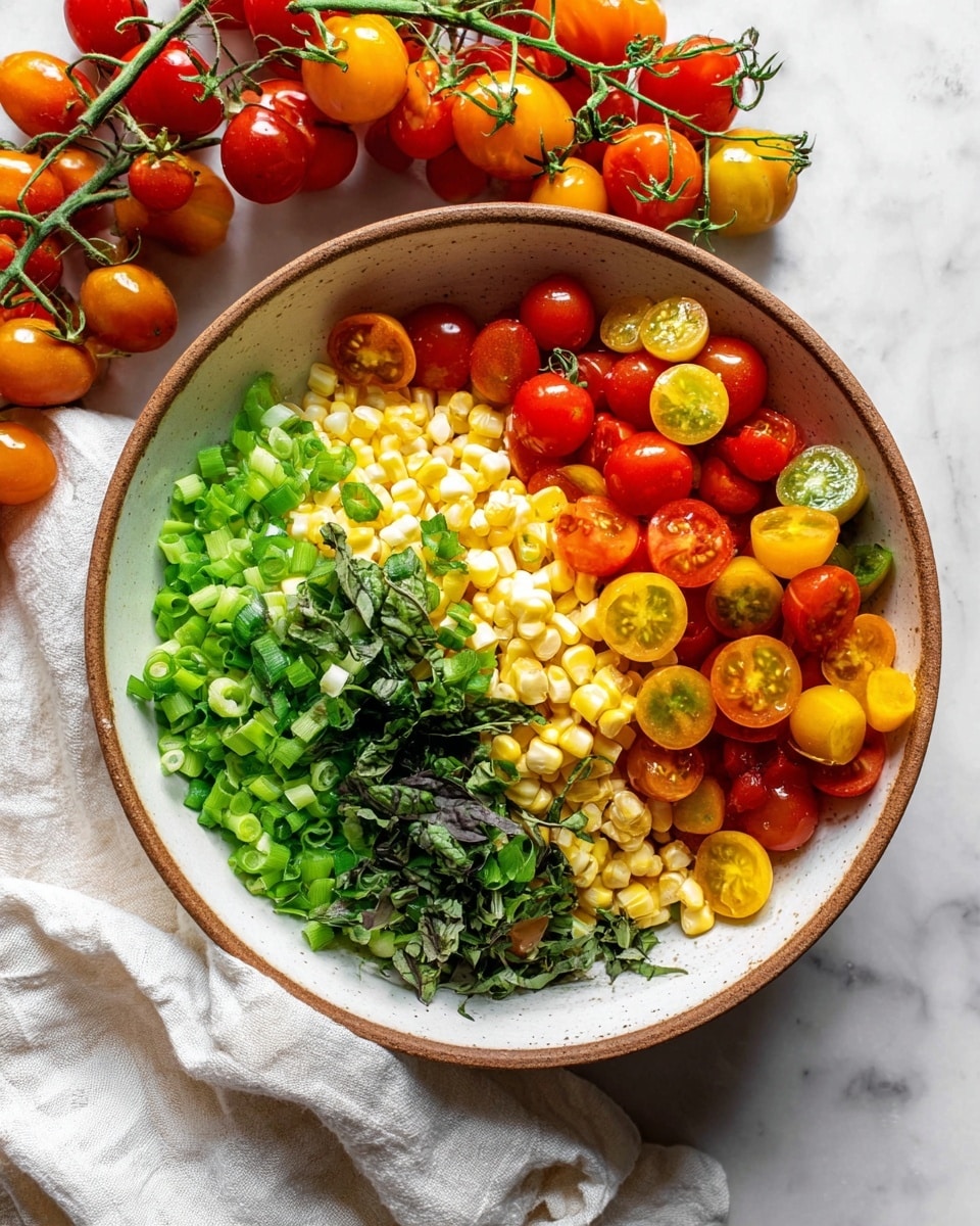 A white bowl with a brown rim is filled with four main layers placed side by side: bright yellow corn kernels mixed with green basil leaves on the left, followed by a layer of chopped green onions with light and dark green parts, and on the right, a mix of halved red and yellow cherry tomatoes with some fresh basil leaves on top. The bowl is set on a white marbled surface with a bunch of red and yellow cherry tomatoes on the vine lying behind it, and a wooden spoon handle visible at the bottom left corner. A white cloth is softly draped in the background. Photo taken with an iphone --ar 4:5 --v 7