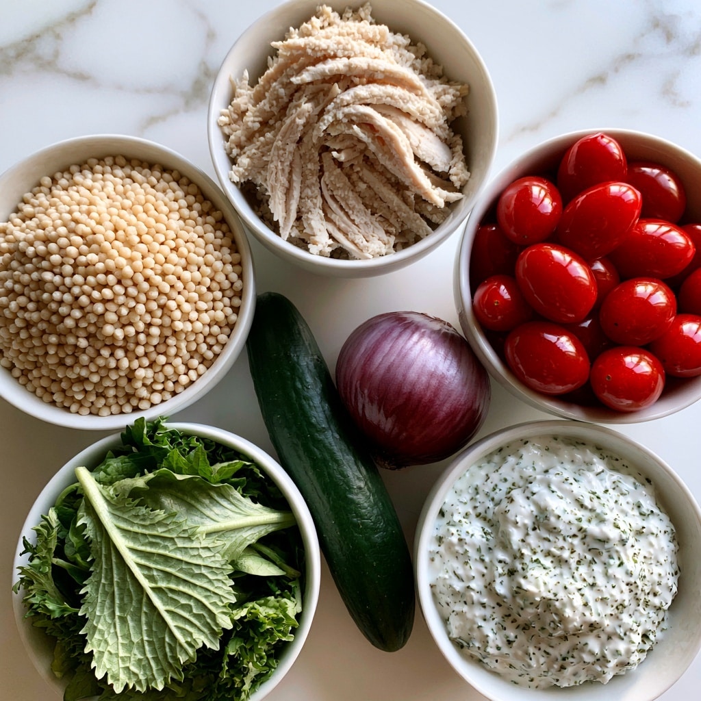 The image shows six white bowls arranged on a white marbled surface, each containing different Mediterranean salad ingredients. One bowl holds pale beige pearl couscous with a smooth, round texture. Another bowl contains shredded chicken with thin, pale strips piled loosely. A third bowl is filled with bright red cherry tomatoes, shiny and round. Below, a bowl of mixed green leafy vegetables shows crisp, fresh leaves with visible veins. There is also a bowl with creamy white Tzatziki sauce speckled with green herbs. In the center of the bowls is a whole dark green cucumber and a round, purple-red red onion placed side by side. The clean, fresh ingredients are vividly colored against the neutral background. Photo taken with an iphone --ar 4:5 --v 7