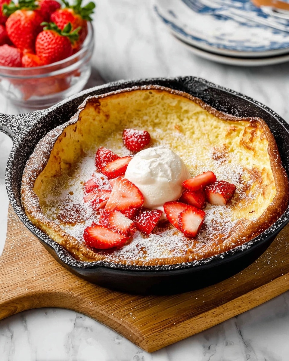 A golden brown Dutch baby pancake sits in a black cast iron skillet with a slightly puffed and crispy edge. It is topped with a dollop of creamy white cream near the center, surrounded by several slices of vibrant red strawberries with green tops still attached. The surface of the pancake is lightly dusted with white powdered sugar, which also spills slightly onto the skillet and wooden board underneath. Around the skillet on a white marbled surface, there are whole fresh strawberries and two small white bowls, one filled with bright yellow lemon zest and the other with powdered sugar. Nearby, a clear glass bowl contains more sliced strawberries. The skillet rests on a light wooden board, and a blue and white striped cloth is tucked in the corner. photo taken with an iphone --ar 4:5 --v 7