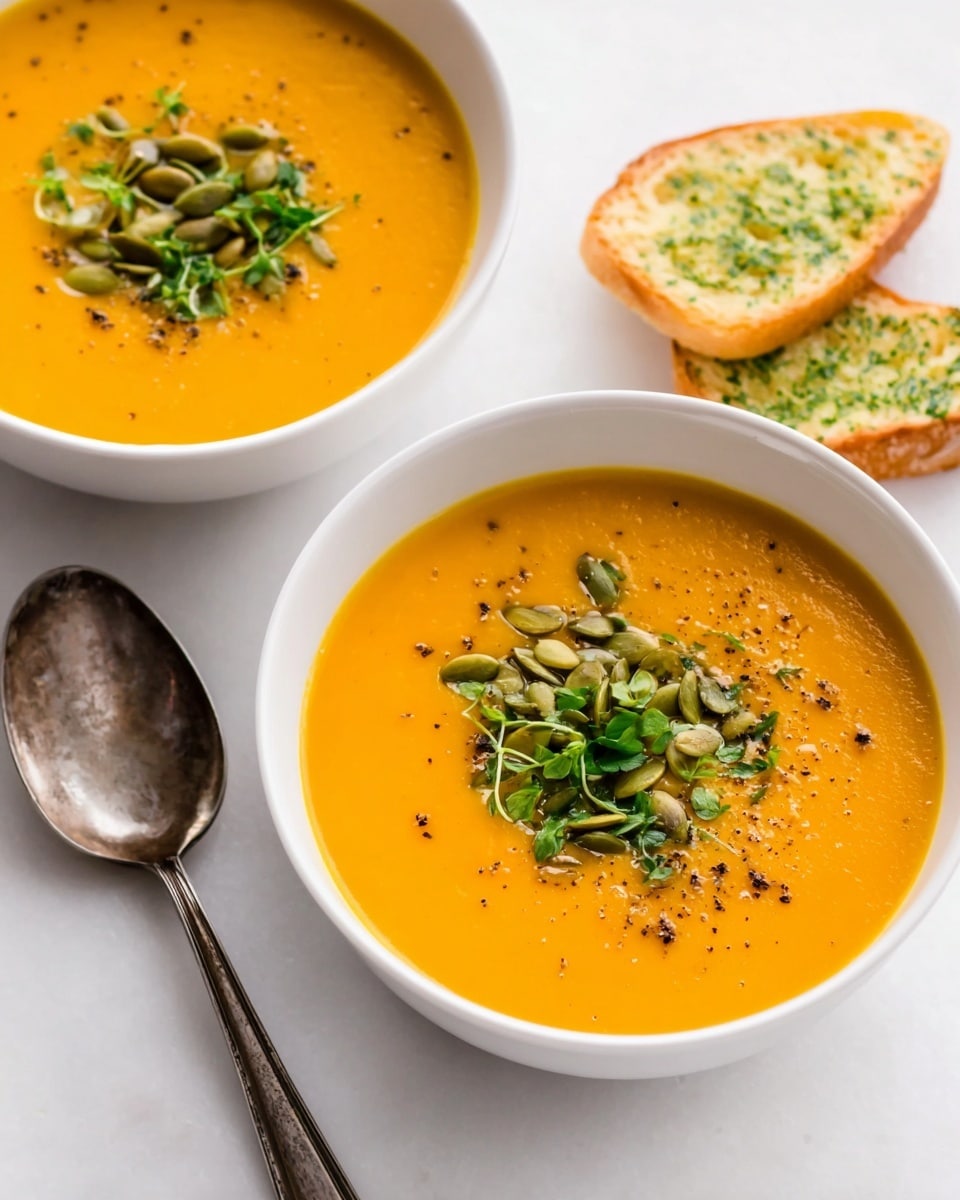 Two white bowls filled with smooth, bright orange soup sit on a white marbled surface. Each bowl has a topping in the center made of green pumpkin seeds and chopped fresh green herbs, with a sprinkle of black pepper around it. To the right, there are two pieces of toasted bread with a light golden crust and green herb spread. In the bottom left corner, a vintage silver spoon rests on the white marbled background. The photo taken with an iphone --ar 4:5 --v 7