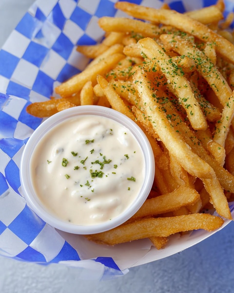 A white bowl filled with creamy white sauce garnished with small green flakes sits in the bottom left corner on blue and white checkered paper. A pile of golden-brown fries, crispy with a slight rough texture, fills most of the image behind and around the bowl. A woman's hand with bright blue nail polish is holding one fry dipped in the sauce near the front right side. The background shows a white marbled surface visible at the top. Photo taken with an iphone --ar 4:5 --v 7