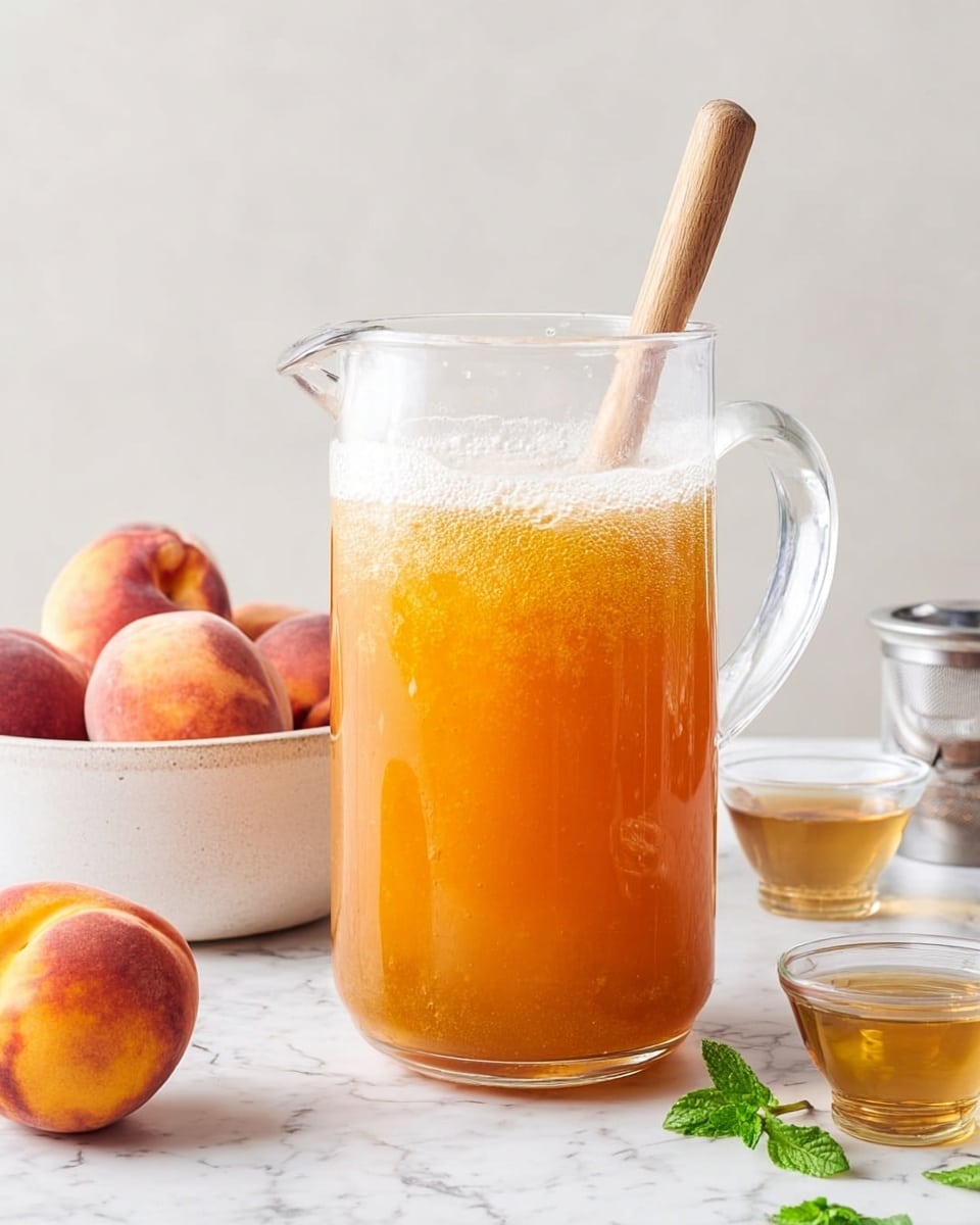A clear glass pitcher filled with a bright orange liquid with a frothy layer on top, showing texture and bubbles throughout the drink; a wooden stirring stick stands inside the pitcher. To the left, there is a white bowl holding several whole peaches with soft orange and pink skin. On the right side near the back is a small glass cup filled with a light amber liquid and a silver lid container behind it. The scene is set on a white marbled surface with a few small green mint leaves placed near the pitcher. photo taken with an iphone --ar 4:5 --v 7