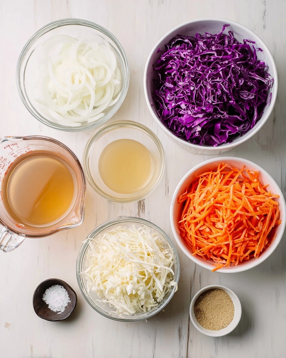 The image shows several white bowls and clear glass containers arranged on a white marbled surface, each filled with different shredded and sliced ingredients. There are three main bowls: one filled with bright purple shredded cabbage positioned at the top right, one with fine white shredded cabbage placed just below it, and one with thin orange shredded carrot located at the bottom center. Additionally, there is a small glass bowl with thin white onion slices on the top left, a clear glass measuring cup holding a light brown liquid near the center, and another clear small bowl containing a pale yellow oil below the liquid. A white half-cup measure filled with granular white sugar is near the center, a small dark bowl with grainy mustard sits next to the carrot, and a small dish with salt and pepper is at the bottom left. The arrangement is neat and each ingredient layer shows distinct colors and textures. photo taken with an iphone --ar 4:5 --v 7