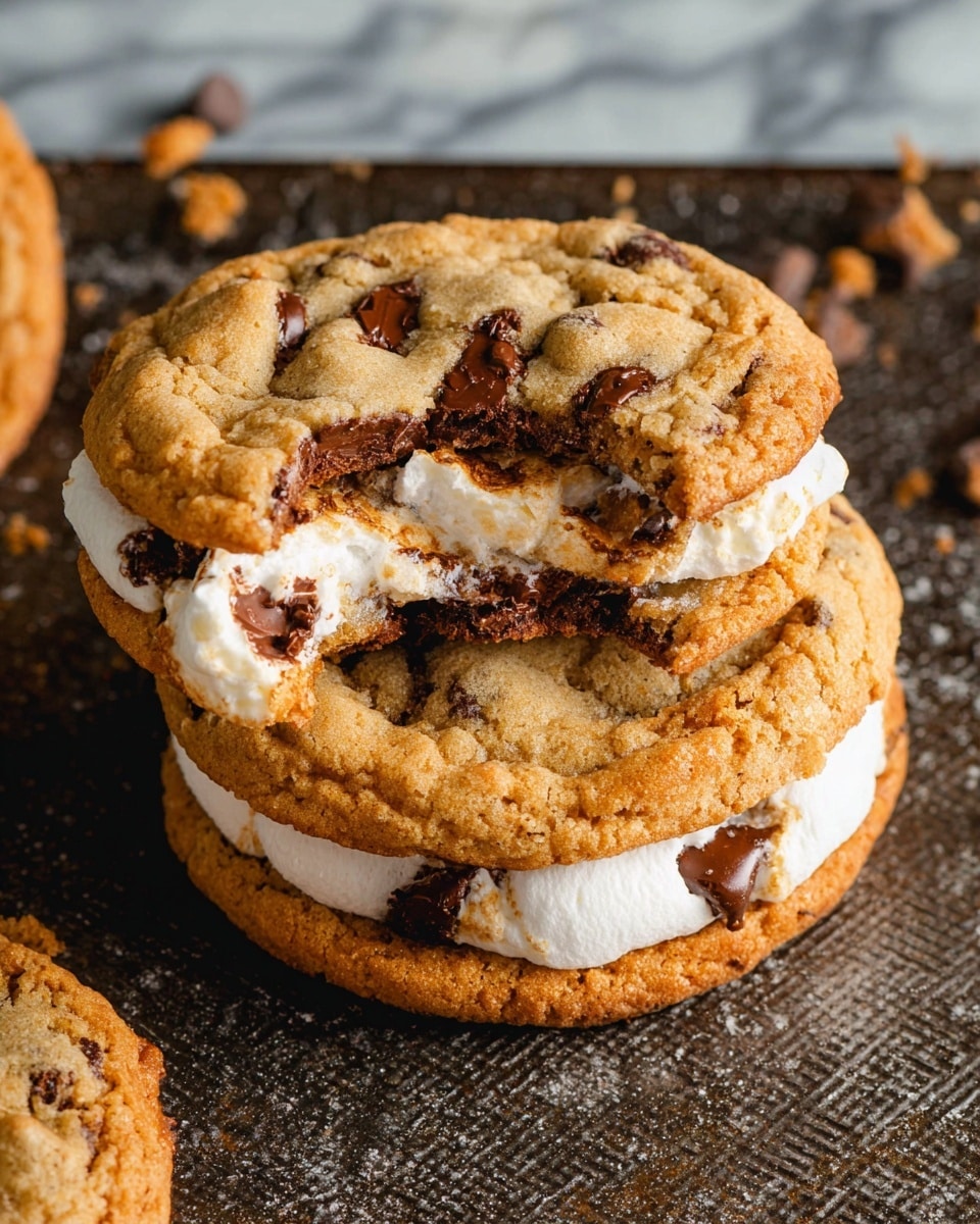 The image shows a close-up of a cookie sandwich with two golden brown chocolate chip cookies as the top and bottom layers, both with a textured, slightly cracked surface and visible chocolate chunks melted in parts. Between the cookies is a thick layer of fluffy white marshmallow filling that is soft and irregularly spread. One cookie is partially broken on top, exposing the marshmallow inside. The cookie sandwich sits on a dark textured baking tray with a white marbled surface background visible around it. photo taken with an iphone --ar 4:5 --v 7